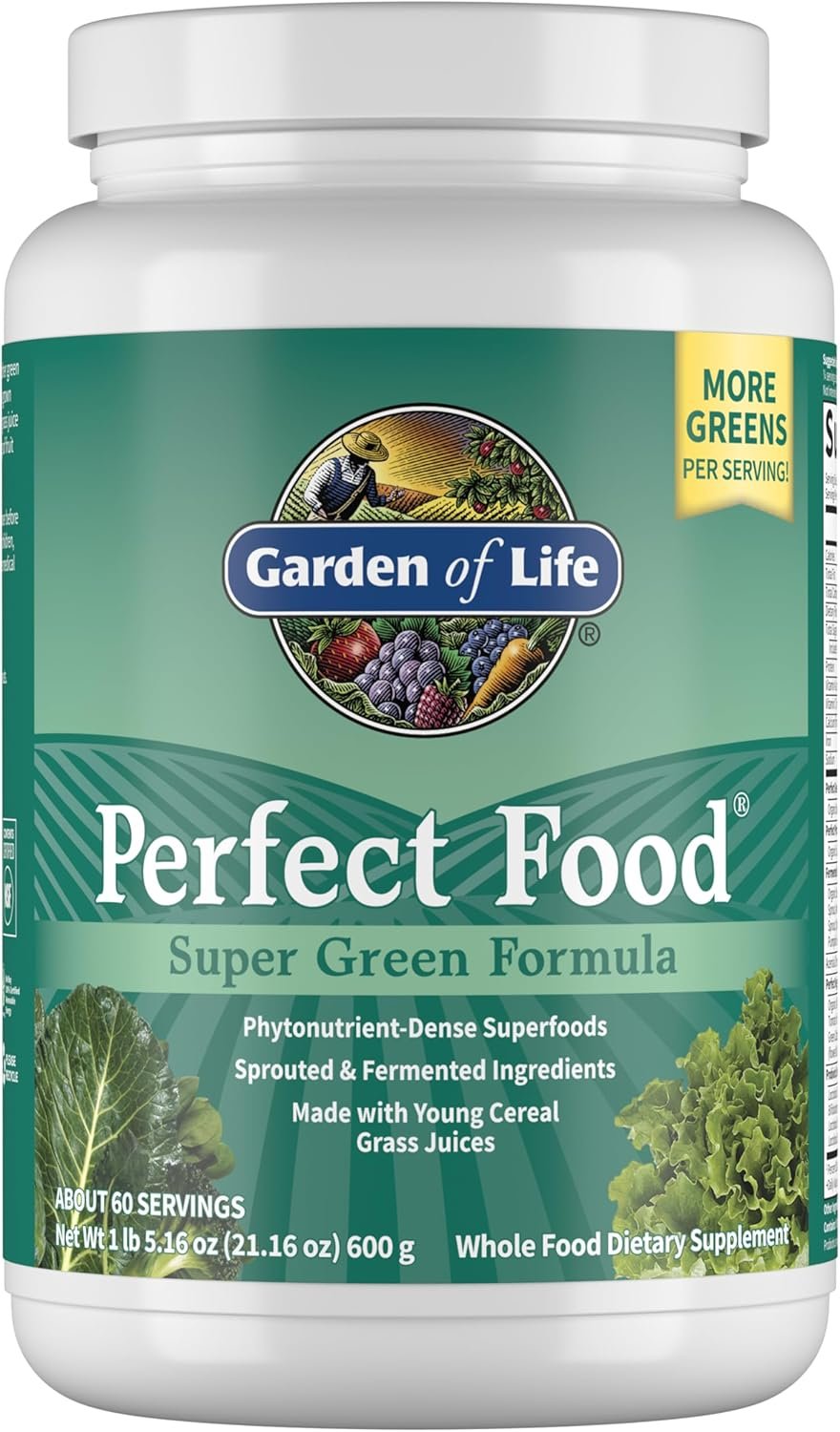 Garden of Life Perfect Food Super Green Formula, Phytonutrient-Dense Superfoods, 60 Servings