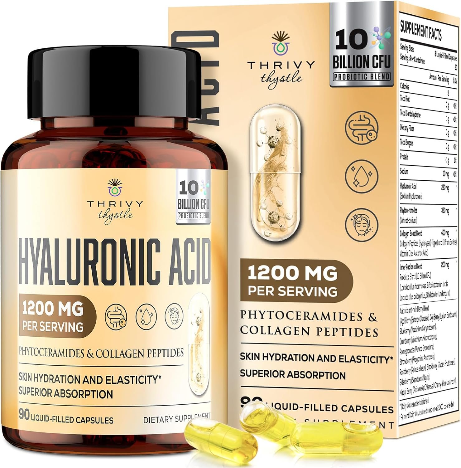 19-in-1 Hyaluronic Acid Capsules – Hylunaric Acid 1200 mg, with Collagen Peptides, Vitamin C, Phytoceramides – for Skin, Eyes, Gastrointestinal, Bones Support (1 Pack)