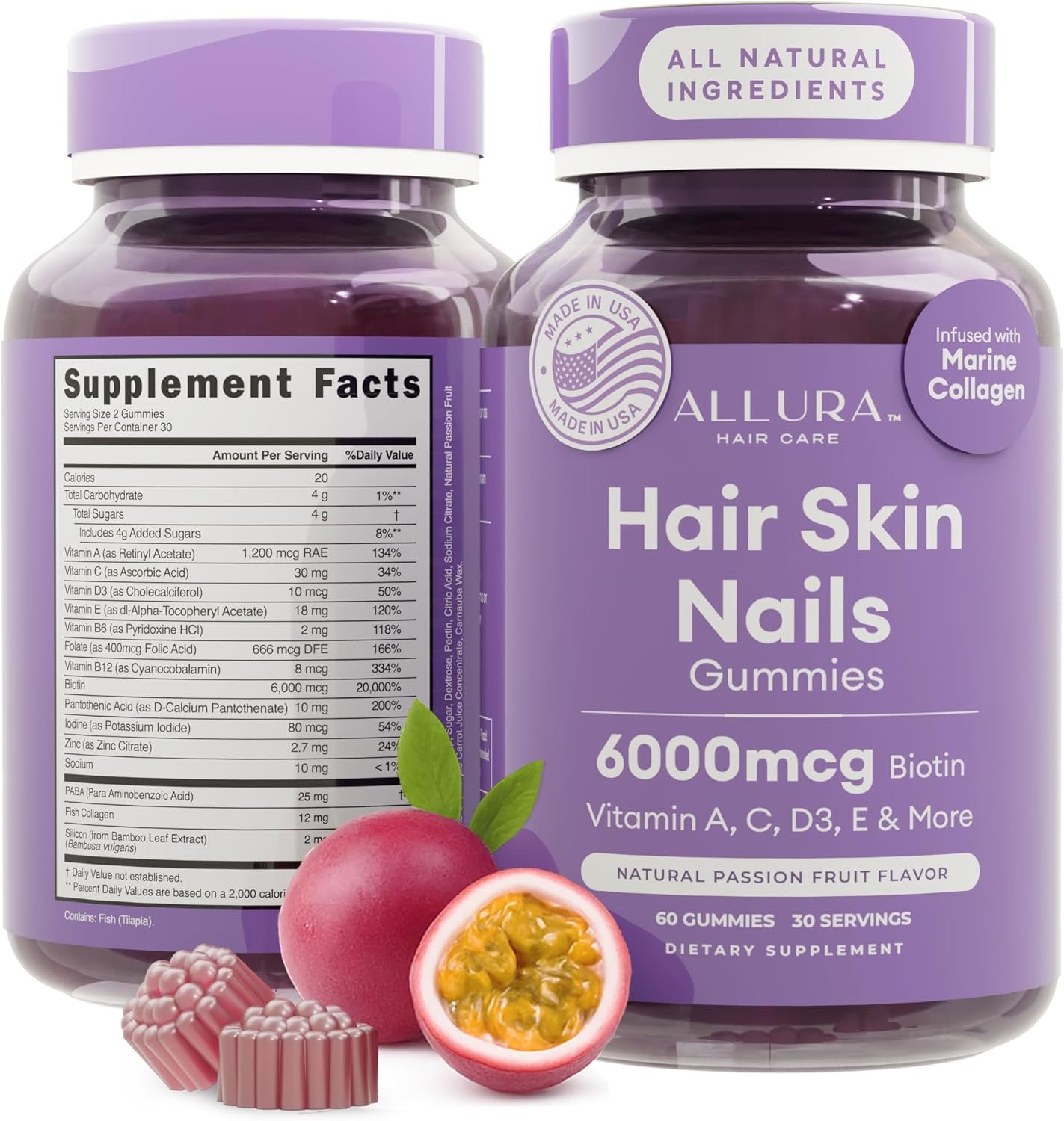 Hair Skin and Nails Vitamins for Women – Extra Strength 6000mcg Biotin Hair Gummies with Marine Collagen, Vitamin E, A, C & PABA for Hair Growth, Healthy Skin & Nails – Made in US, Passion Fruit, 60ct