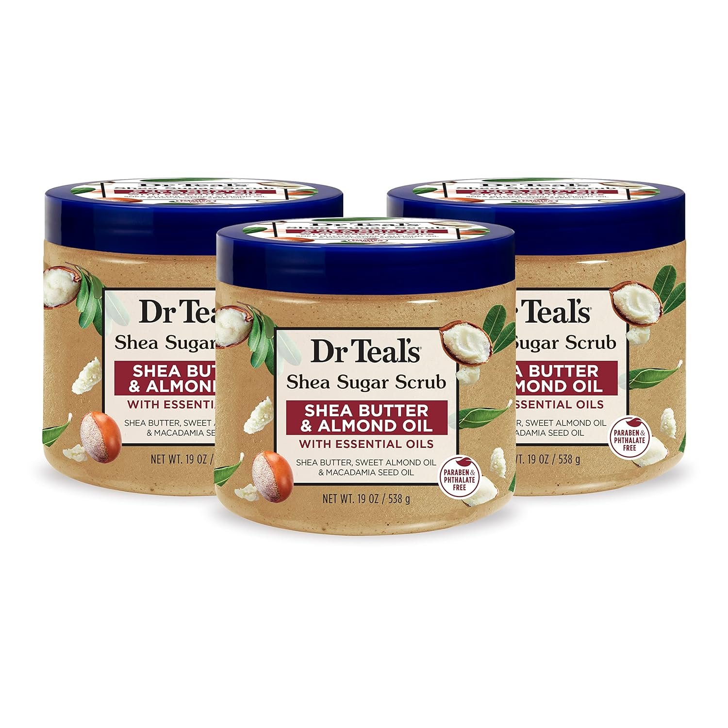 Dr Teal’s Shea Sugar Body Scrub, Shea Butter with Almond Oil & Essential Oils, 19 oz (Pack of 3)
