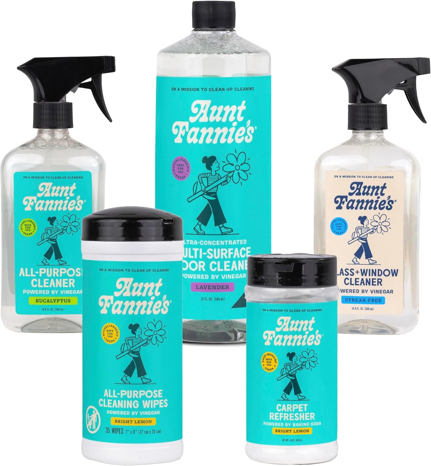 Aunt Fannie’s Whole Home Cleaning Bundle: All Purpose Spray, Floor Cleaner, Glass & Window Cleaner, Multi-Surface Wipes, Carpet Refresher