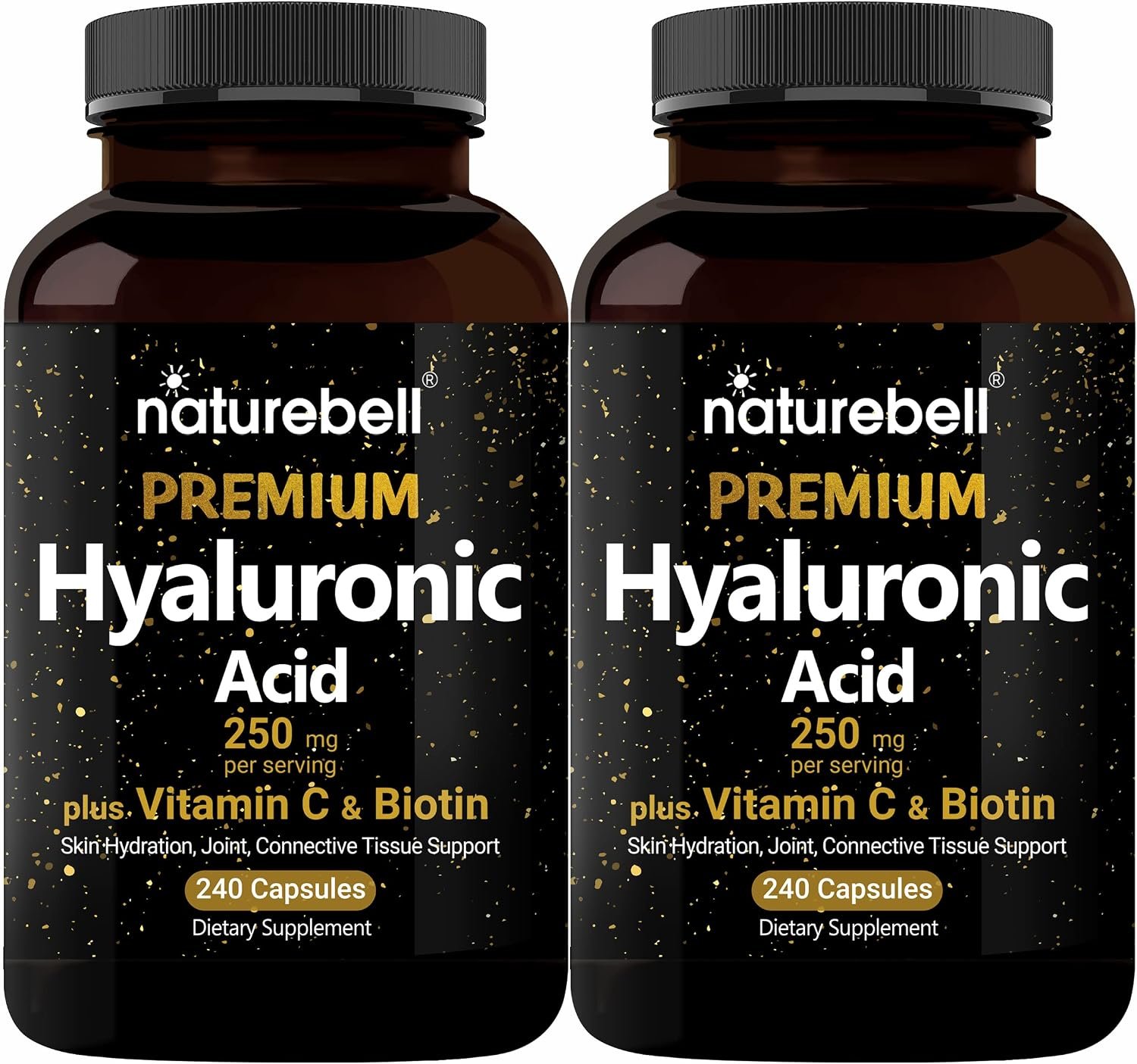 NatureBell 2 Pack Plant Based Hyaluronic Acid Supplements 250mg with 25mg Vitamin C & Biotin 5000mcg, 480 Total Capsules | Essential for Hair Growth, Joint Support, & Hydrating Skin | Non-GMO