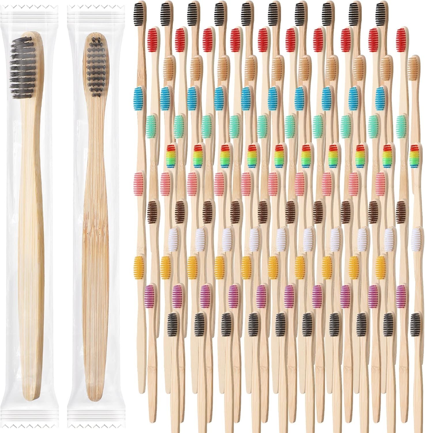 Sieral 120 Pcs Bamboo Toothbrushes Bulk, Soft Bristle Bamboo Toothbrush, Individually Wrapped for Adults Travel Family Hotel Party, 7 Inch 12 Color