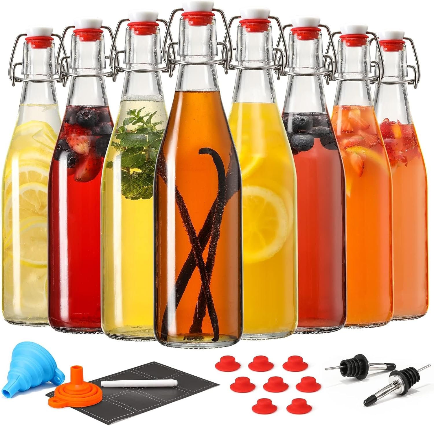 8 Set 16 OZ Swing Top Glass Bottles – Flip Top Beer Brewing Bottles with Stopper for Fermentation, Kombucha, Mead Kefir, Vanilla Extract, Juice, Tea, Wine, Soda – Airtight Cap Lids, Bonus 2 Pourers
