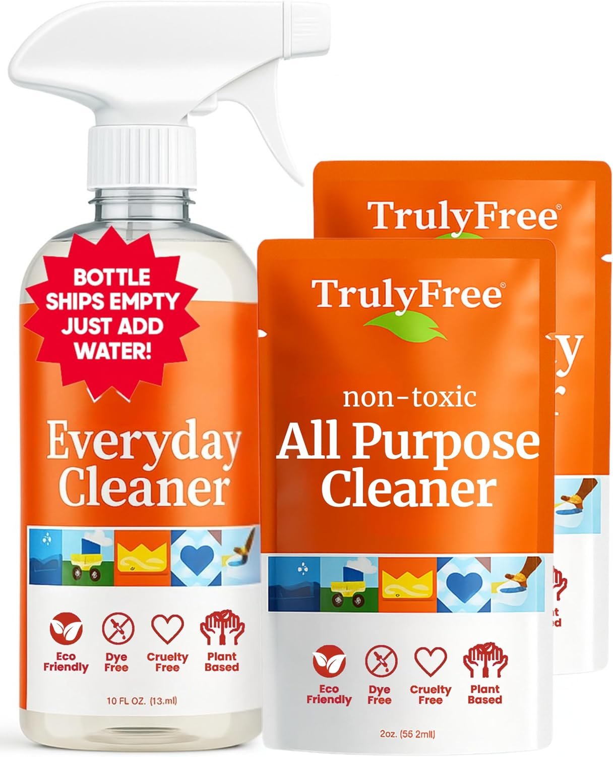 Truly Free Everyday Cleaner Kit – Multipurpose Cleaner Spray, Kitchen Counter Cleaner, Natural Cleaning Products, Multi-Surface Household Solution, 16 oz Reusable Empty Bottle + Two Fills, 3 oz ea.