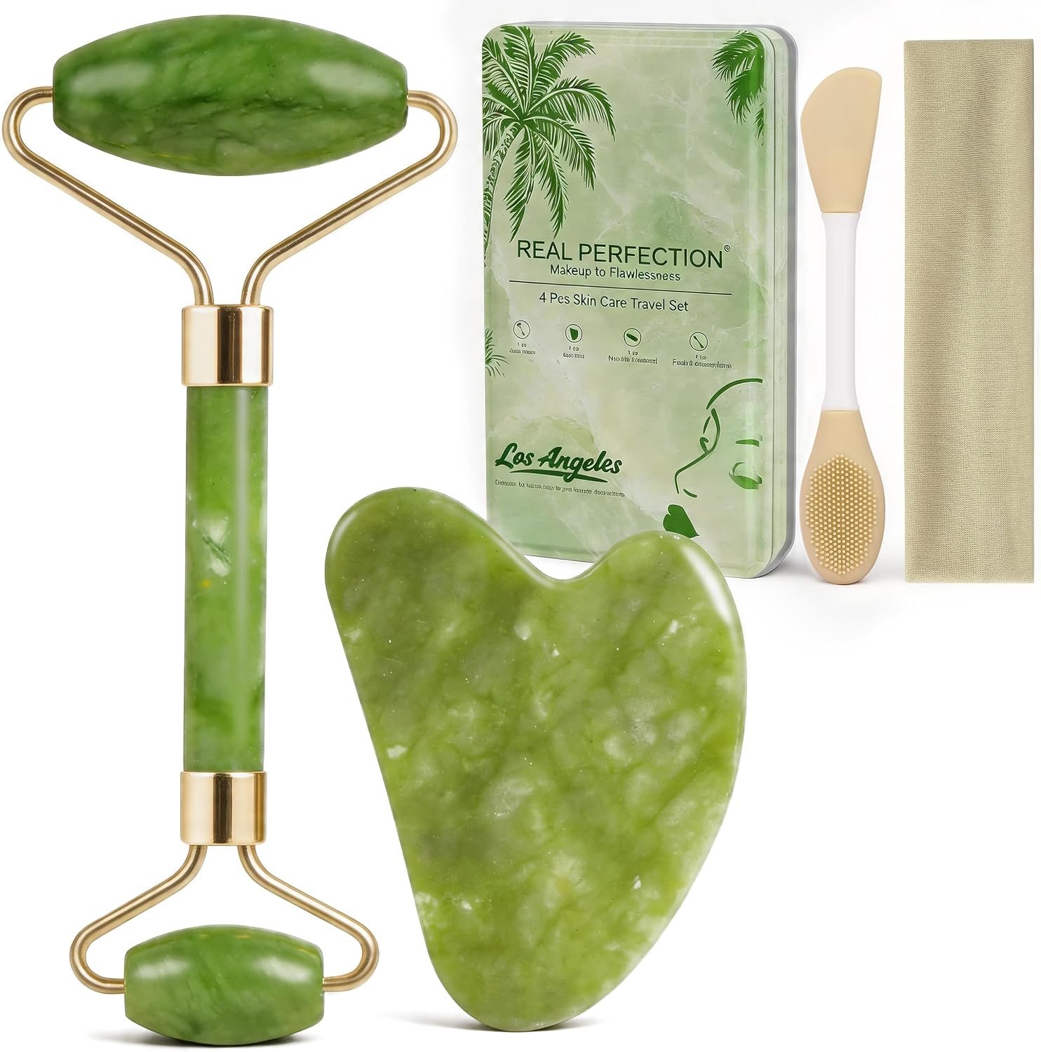 Real Perfection Gua Sha Facial Tools Face Roller for Wrinkles Jade Roller and Gua Sha Set, Scrubber Pore Brush Headband Skin Care Tools for Travel Skincare Routine Massaging Reducing Puffiness – Green