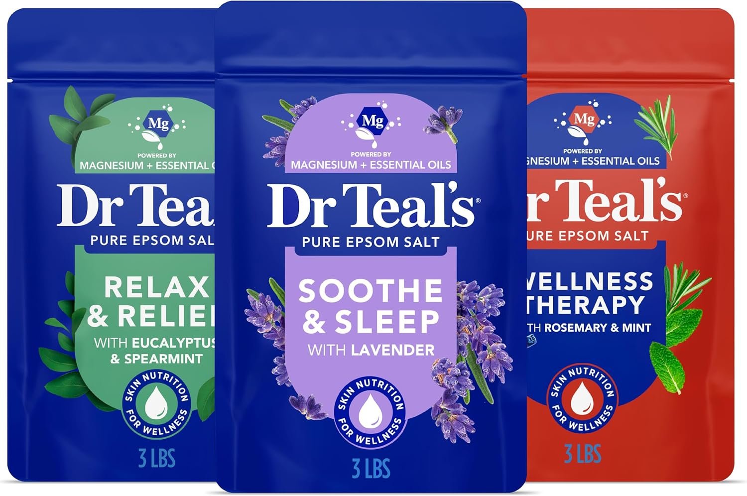 Dr Teal’s Epsom Salt Magnesium Soak, Lavender, Eucalyptus & Wellness Trio, 3 lbs (Pack of 3)