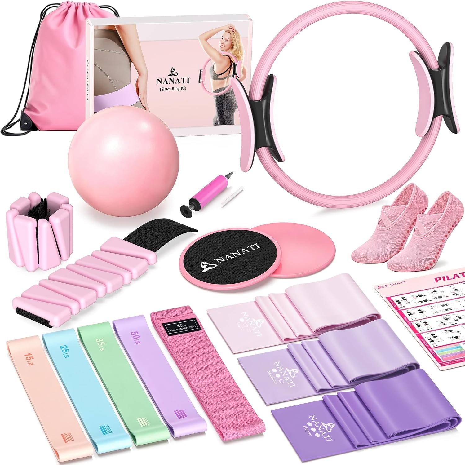 NANATI Pilates Kit, Home Pilates Workout Kit for Women, Pilates Equipment with 14.5″ Pilates Ring and Ball, Resistance Bands, Ankle Weights, Sliders & Grip Socks for Home Workouts