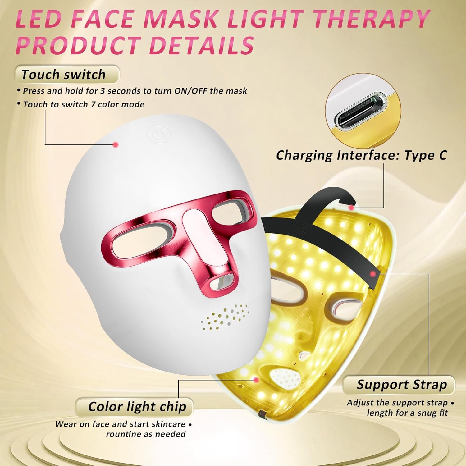 7 Colors Red Light Mask for Face, Fine Lines, 7-1 Colors LED Facial Skin Care Mask, Portable and Rechargeable