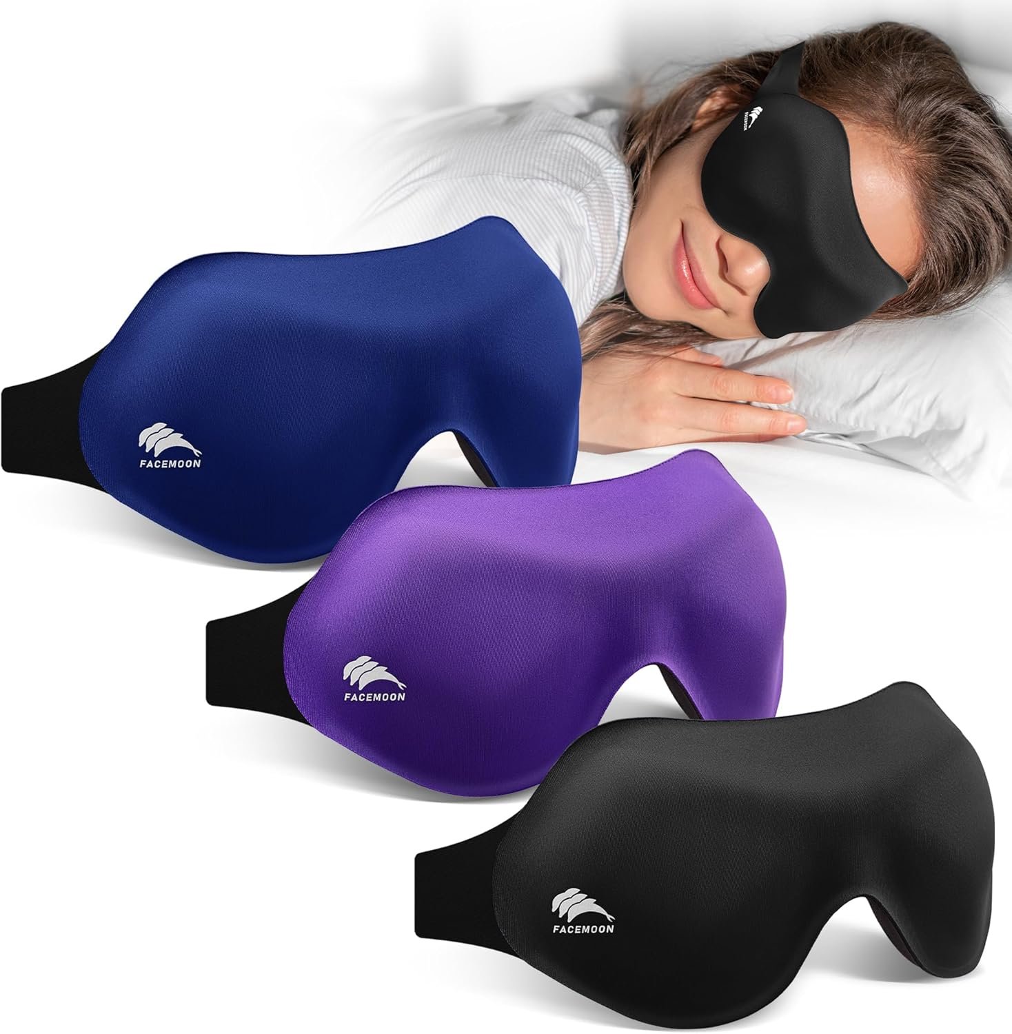 3 Pack Sleep Masks for Side Sleepers, True Blackout 3D Eye Mask for Sleeping, Zero Eye Pressure, Lash-Friendly, Adjustable Soft Eye Cover for Women Men, Travel Night Blindfold