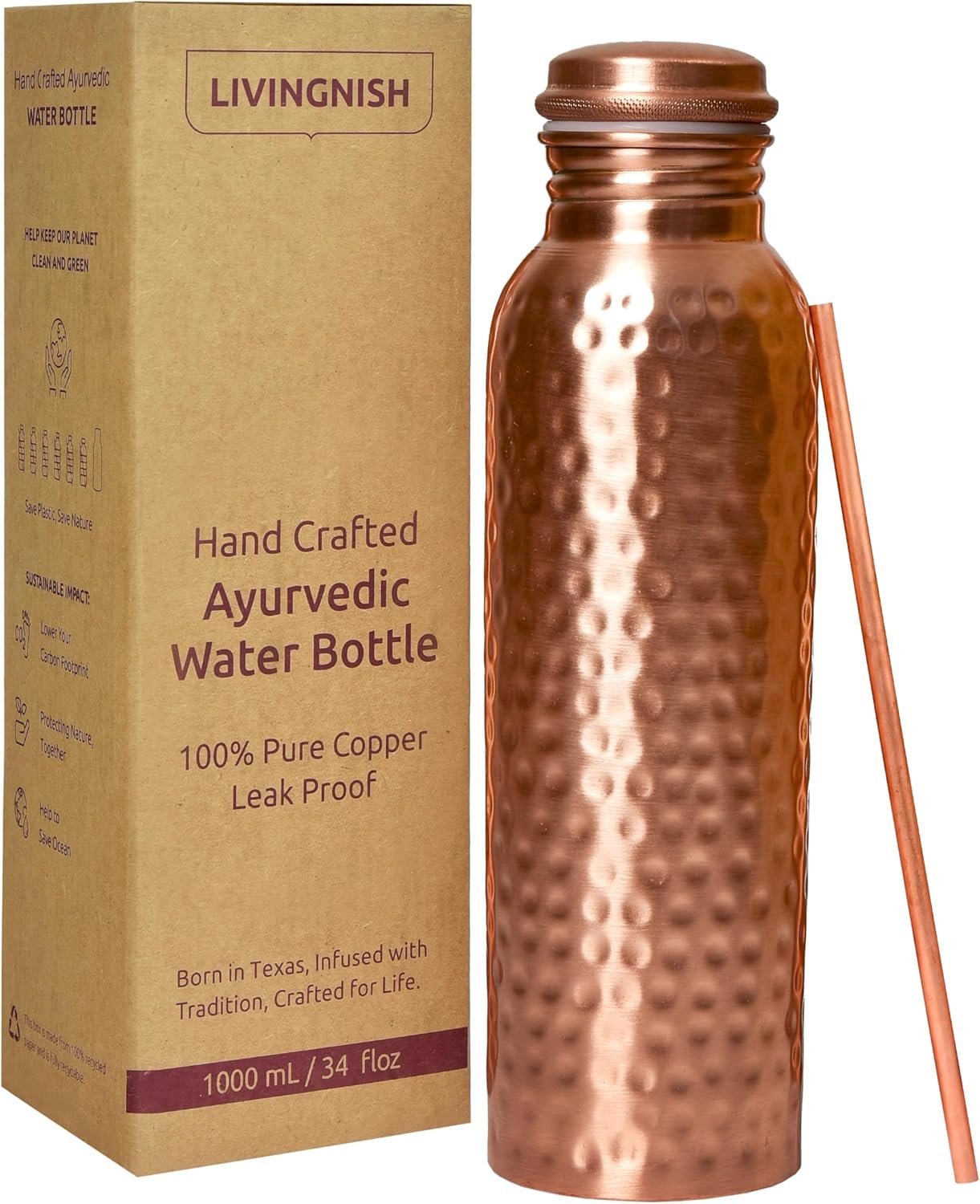 Premium Pure Copper Water Bottle for Drinking – Extra Large 34 Oz Wide Mouth, Hammered Ayurvedic Copper Water Bottle with Straw – Handcrafted Leak-Proof Vessel, Reusable & BPA-Free