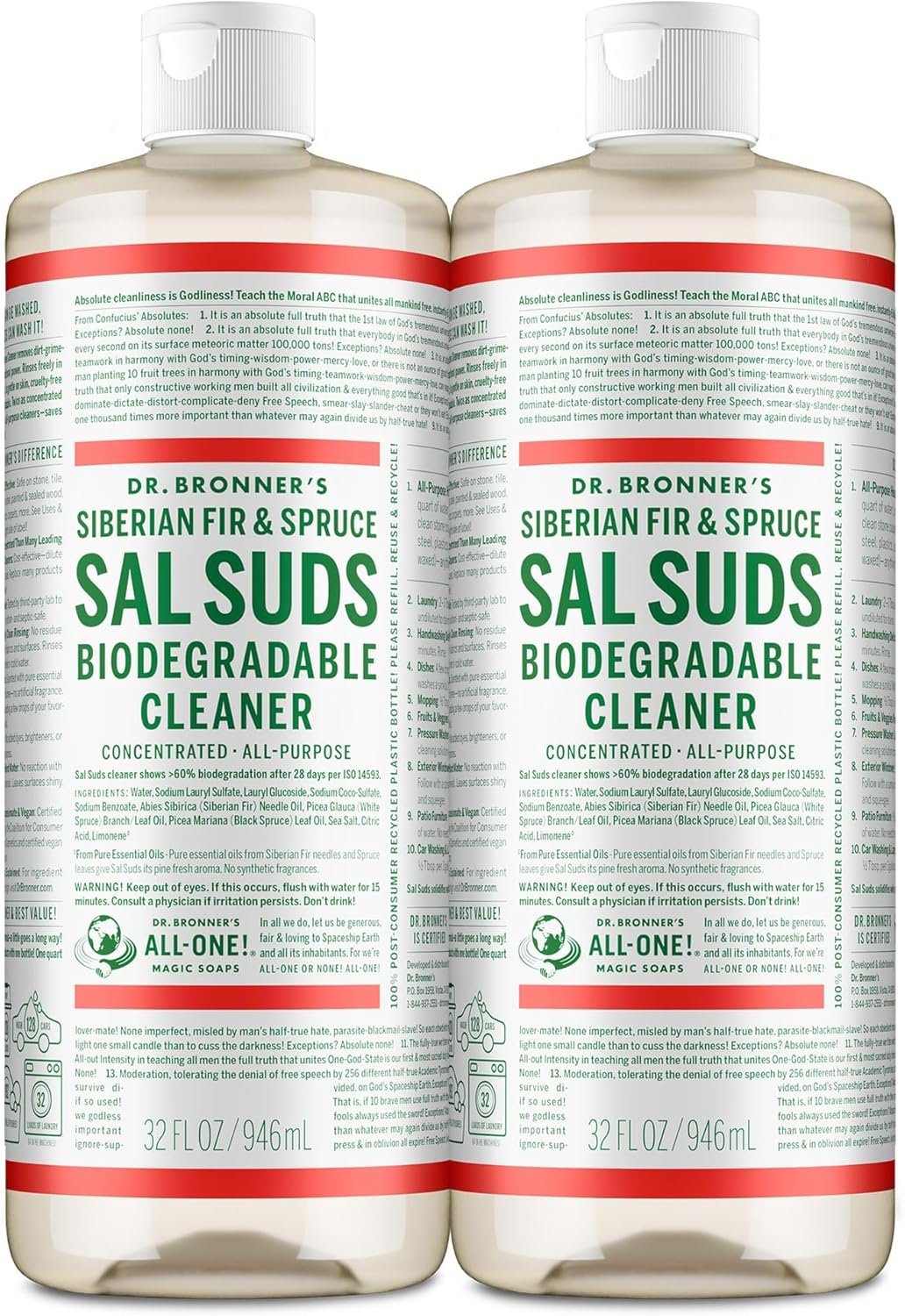 Dr. Bronner’s Sal Suds Biodegradable Cleaner (32 Ounce, 2-Pack) – All-Purpose Mop Detergent for Floors, Kitchen & Bathroom, Multi-Surface Household Concentrate, Dish Degreaser & Laundry Use