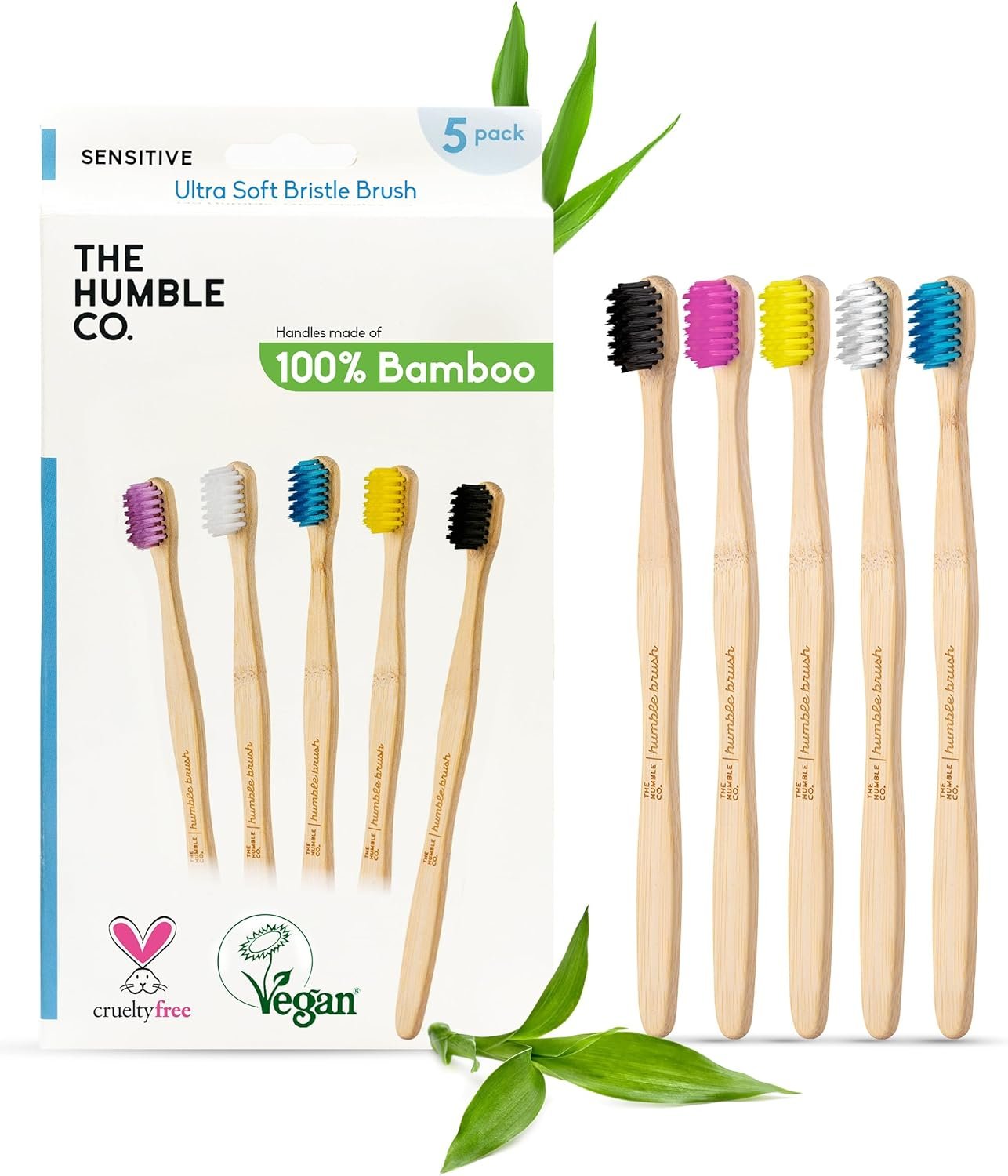 The Humble Co Bamboo Toothbrushes, 5 Pack – Ultra Soft Bristles Natural Bamboo Toothbrush – BPA Free Soft Bristles for Sensitive Gums – Non-Toxic & Plastic Free Handle – Dental Oral Care & Hygiene