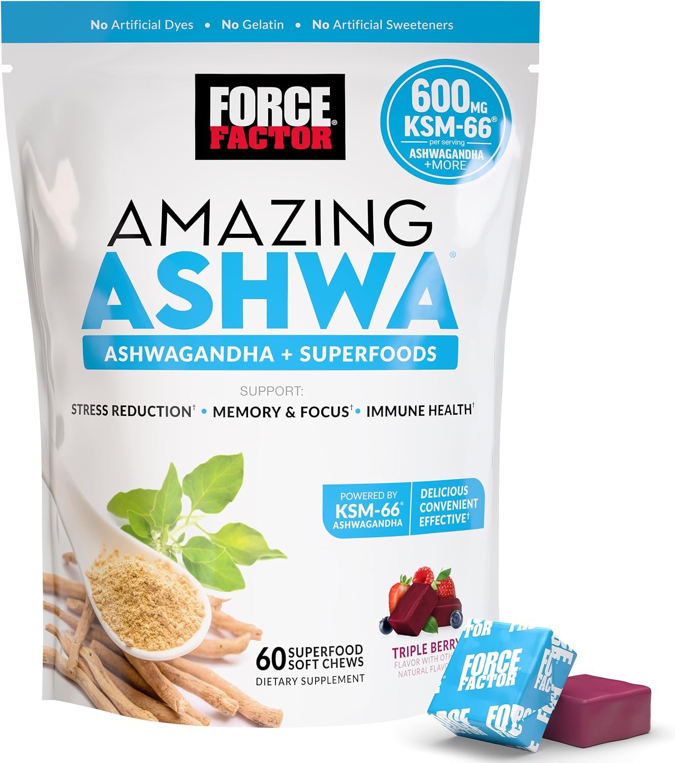 Force Factor Amazing Ashwa for Stress Relief, Memory, Focus, and Immune Support Health, Ashwaganda Supplement with KSM-66 Ashwagandha for Stress, 60 Soft Chews