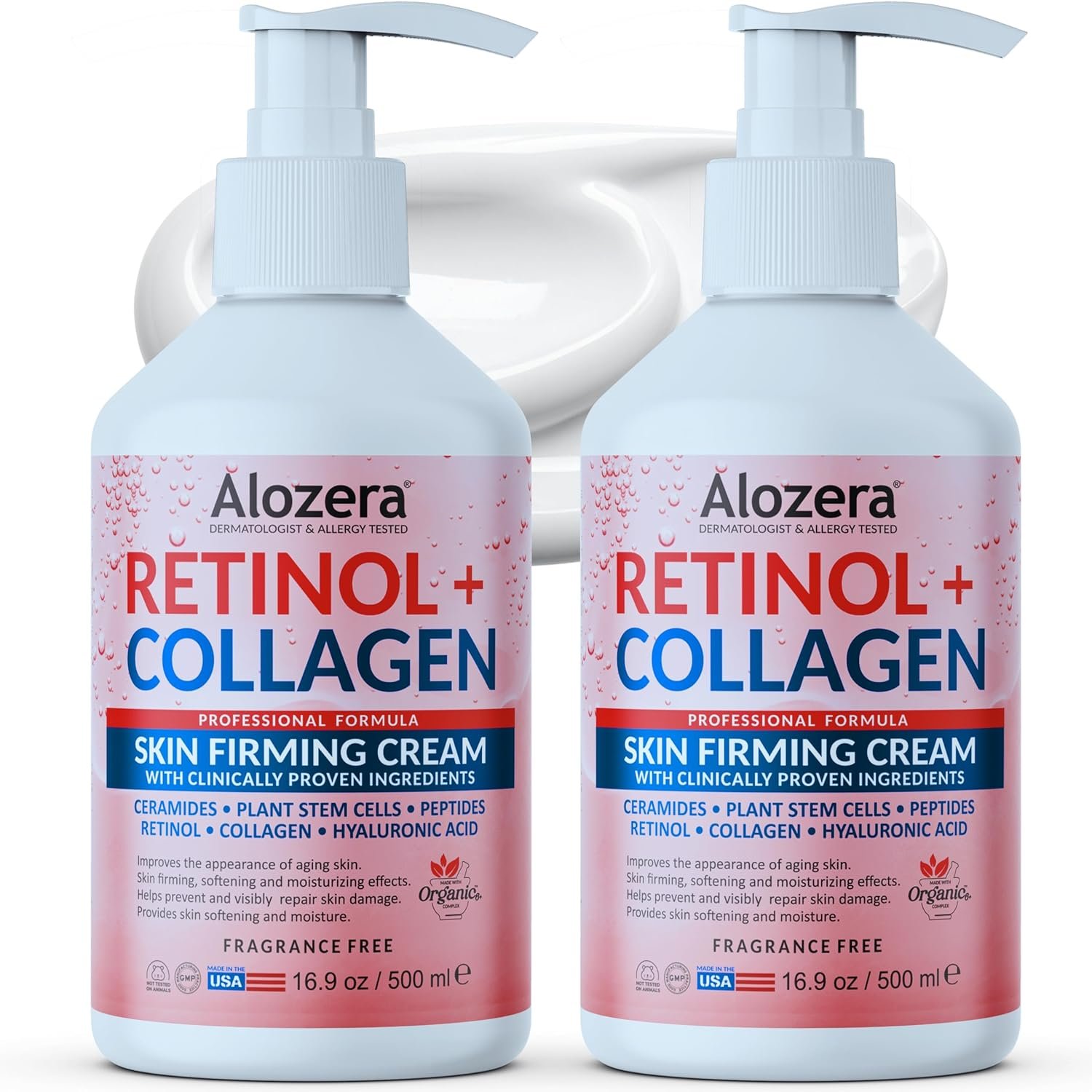 Alozera Firming Body Lotion, Retinol & Collagen Anti-Aging Body Moisturizer, Lightweight & Fast Absorbing Lotion for Crepey Skin, Improves Skin Elasticity, No Added Fragrance, 16.9 oz (Pack of 2)
