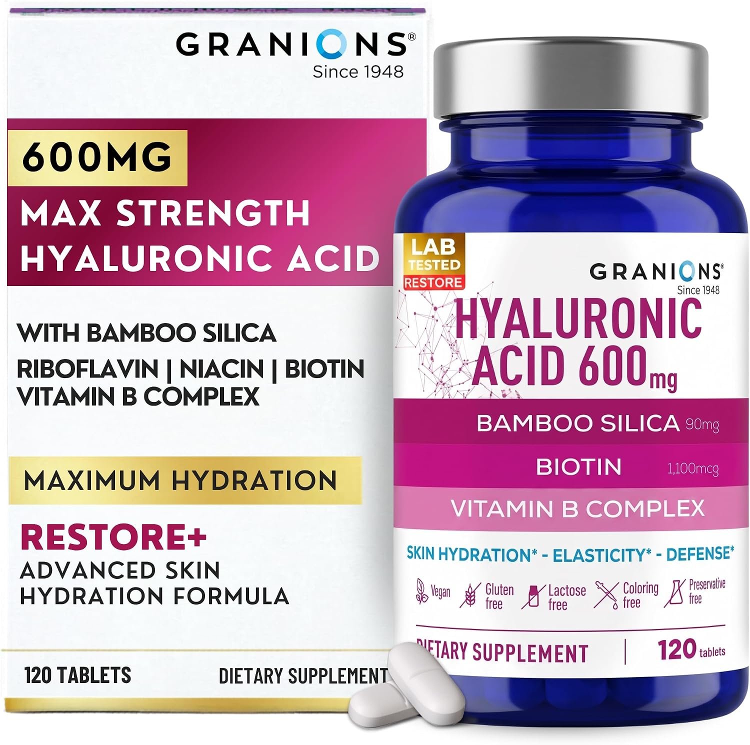 Granions Ultra Dosed Hyaluronic Acid Supplement 600mg – Intense Skin Hydration, Stimulates Collagen Production – Niacin, Biotin, Vitamin B Complex, Oral Hyaluronic Acid Supplements – 120 Vegan Tablets