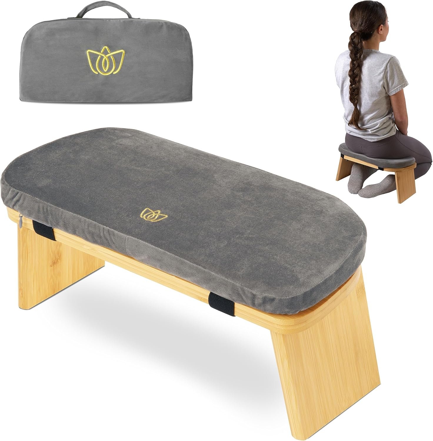 Florensi Folding Bamboo Kneeling Meditation Chair – 18 x 7 x 6 in, Grey, Portable Kneel-On Bench, Foldable Bench for Prayers, Stable Meditation Support & Anti-Slip Feet
