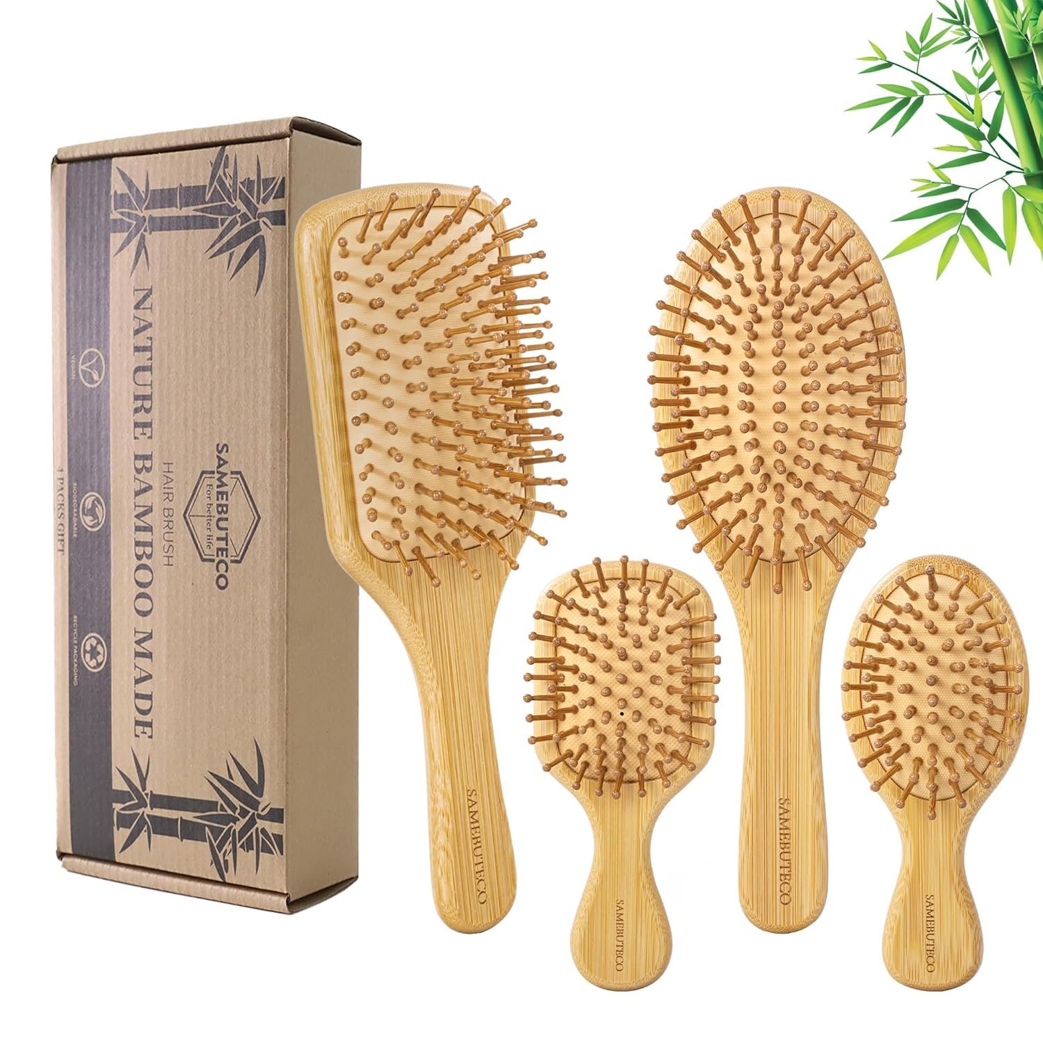 SAMEBUTECO Bamboo Hair Brush Set 4 Styles Paddle Detangling Brushes for Thick, Thin, Curly, and Dry Hair Women and Girls Hair Message Brushes 2 Indoor Used 2 Outdoor Used Travel portable