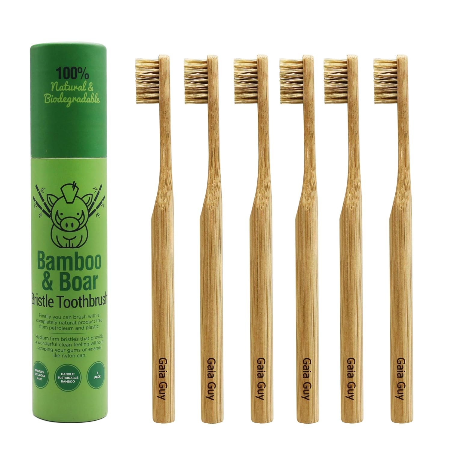 Gaia Guy Natural Bristle Bamboo Toothbrush (NO Nylon – Boar Hair ONLY) – Totally Compostable & Biodegradable Boar Bristle and Bamboo Toothbrushes – Zero Waste – 6-Pack