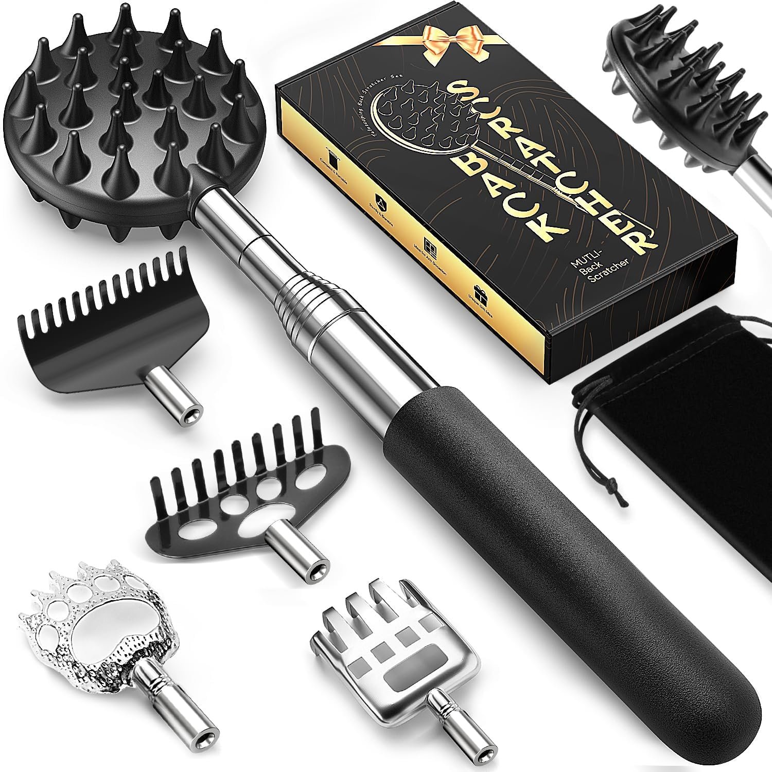 TUKUOS Telescoping Back Scratcher with 5 Detachable Scratching Heads, Rubber Handles, Anniversary Birthday Gifts for Men Women Back Scratcher for Men/Dad/Women/Adults