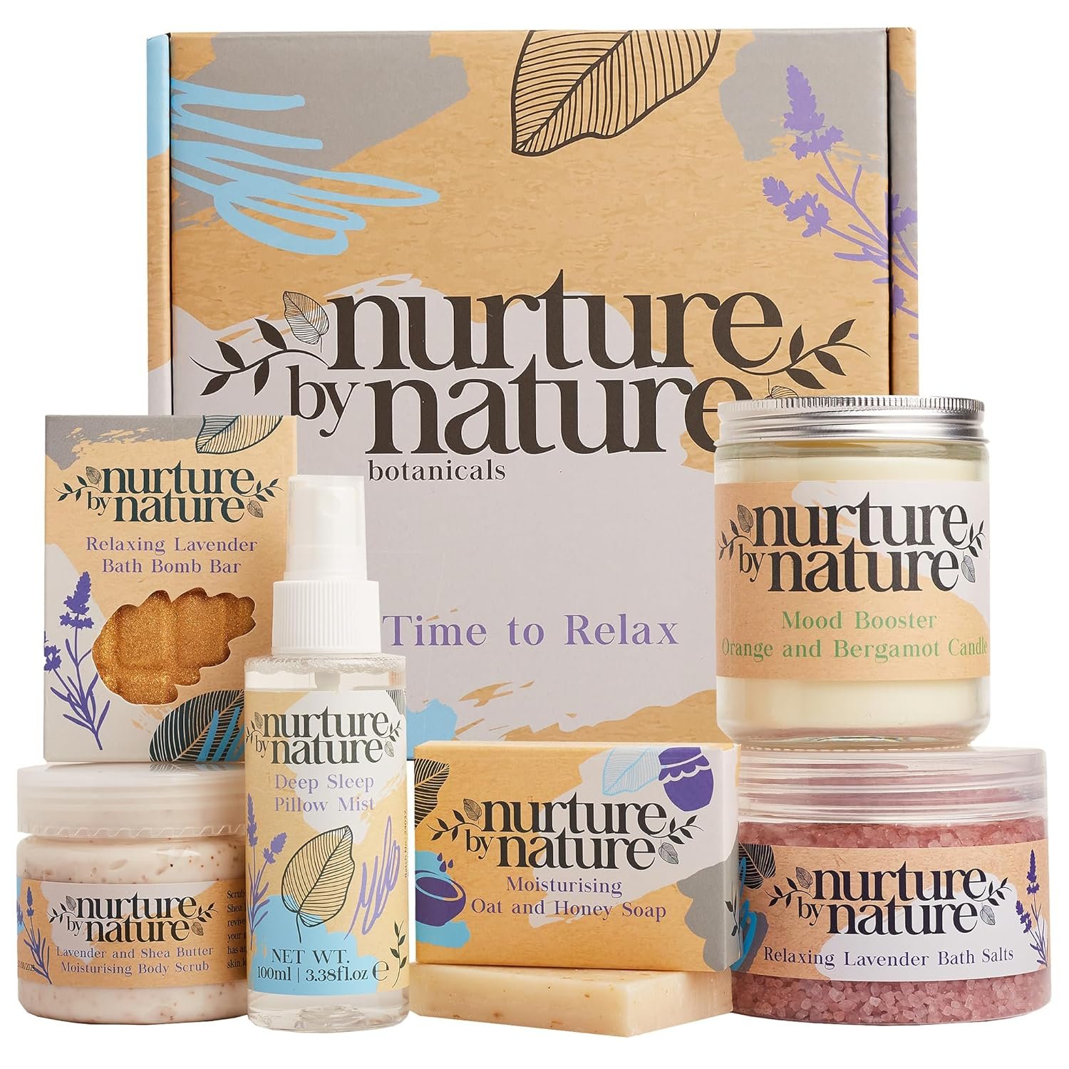 Nurture by Nature Self Care Gifts for Women – Spa Gift Baskets for Women & Relaxation Gifts | At Home Spa Kit | 6 Piece Bath Set with Pillow Spray, Candle, Bath Bomb & Bath Salts