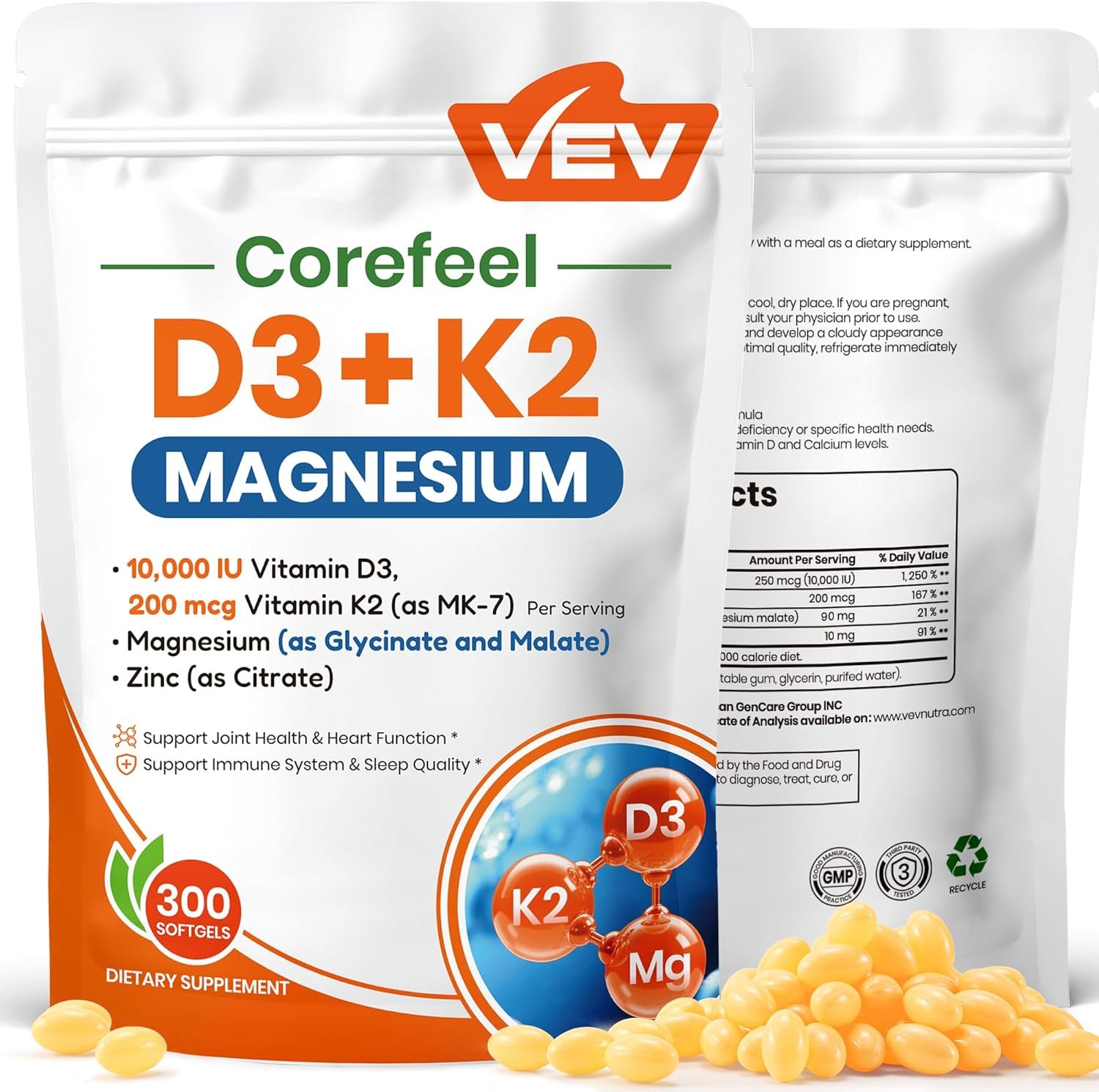 VEV Corefeel Vitamin D3 K2 10,000 IU Magnesium Supplement – with Vitamin D and K (MK-7), Magnesium Glycinate & Malate, Zinc Citrate – 300 Softgels