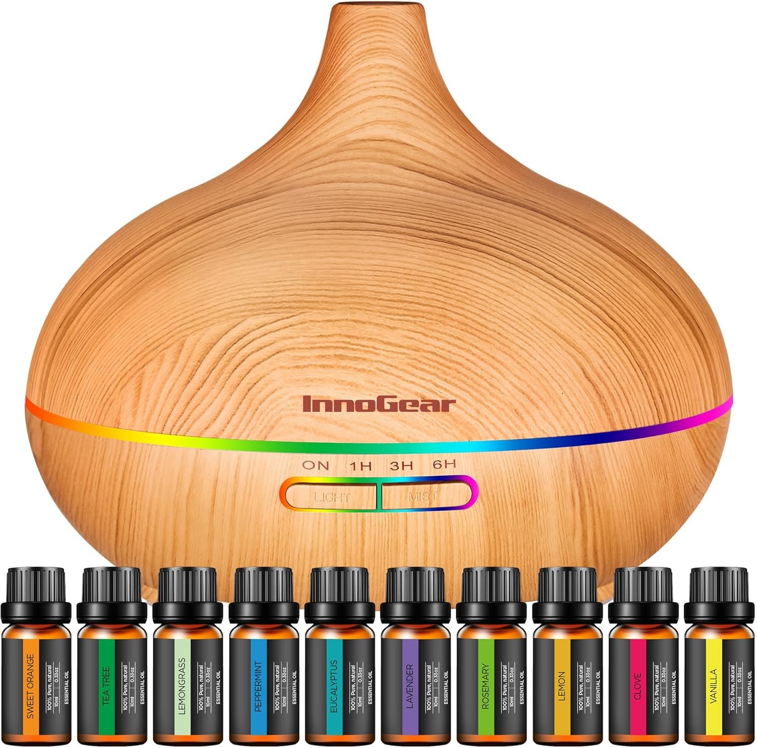 InnoGear Aromatherapy Diffuser & 10 Essential Oils Set, 400ml Diffuser Ultrasonic Diffusers for Home Cool Mist Humidifier with 4 Timers 7 Colors Light Waterless Auto Off, Yellow Wood Grain