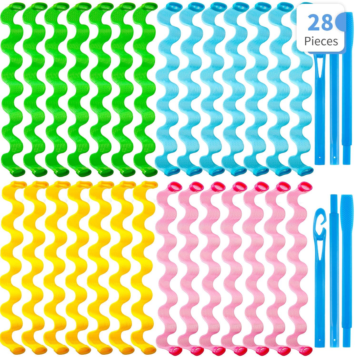 28 Spiral No-Heat Wave Curlers Kit with Styling Hooks for Versatile Hairstyles, No Heat (45 cm, Assorted Colors)