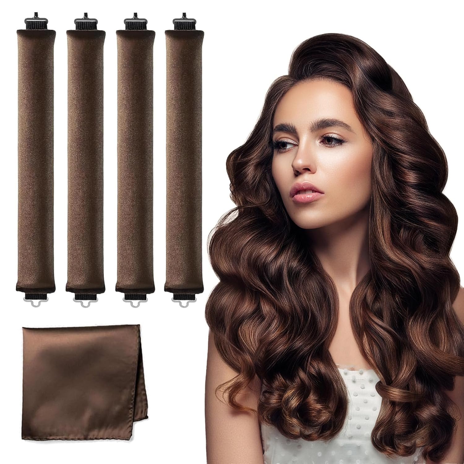 HAIOLORPRO Heatless Hair Curler Velvet, Heatless Curls Overnight Hair Curlers to Sleep in, Overnight Rods Heatless Curls for Short Long Hair All Hair Types Styling Tools-4PCS Brown