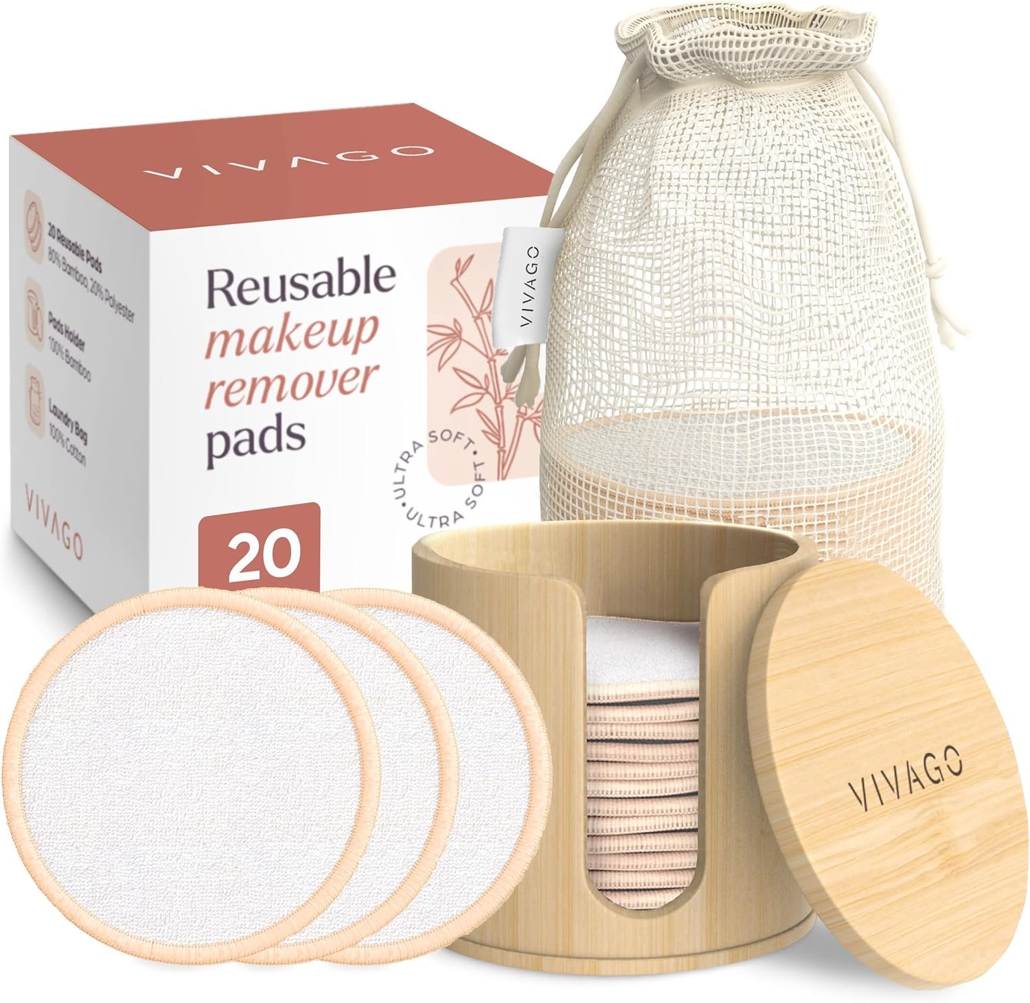 VIVAGO Reusable Cotton Rounds for Face – (20 Pack) Soft Reusable Makeup Remover Pads with Washable Drawstring Laundry Bag & Bamboo Holder – All Skin Type Skincare Set Facial Cleaning Cloth