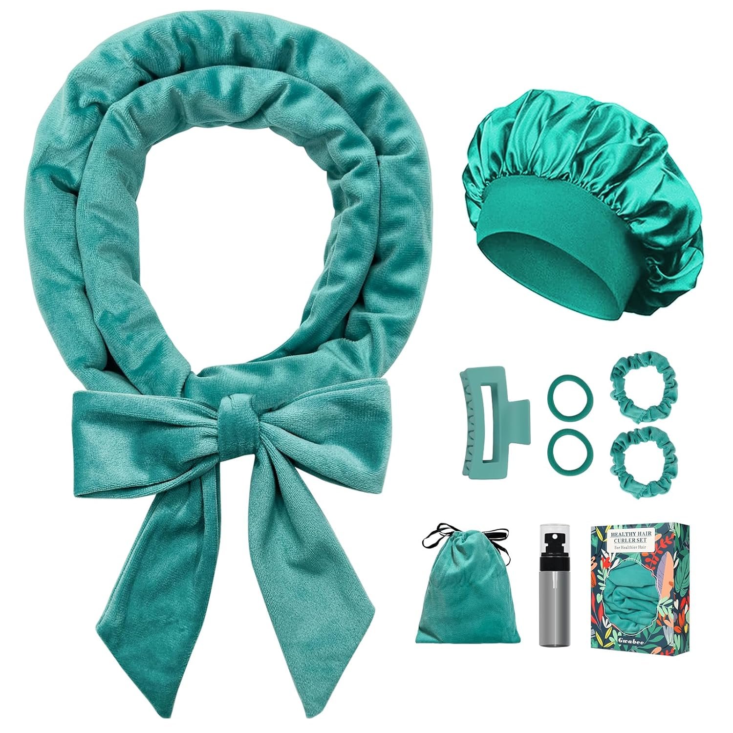 Gwabee No Heat Overnight Curl Headband, 70″ Soft Ribbon Wrap for Long Hair, 9 PCS Hair Curling Rods Set – Blue Green