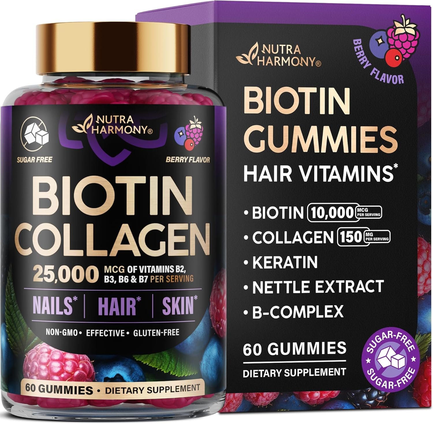 Biotin Gummies with Collagen – Hair Growth Support, Skin, & Nail Strength – for Women & Men – Biotin 10000mcg | Keratin | Hyaluronic Acid | B-Complex | Nettle – Sugar-Free, Mixed Berry, 60 Gummies