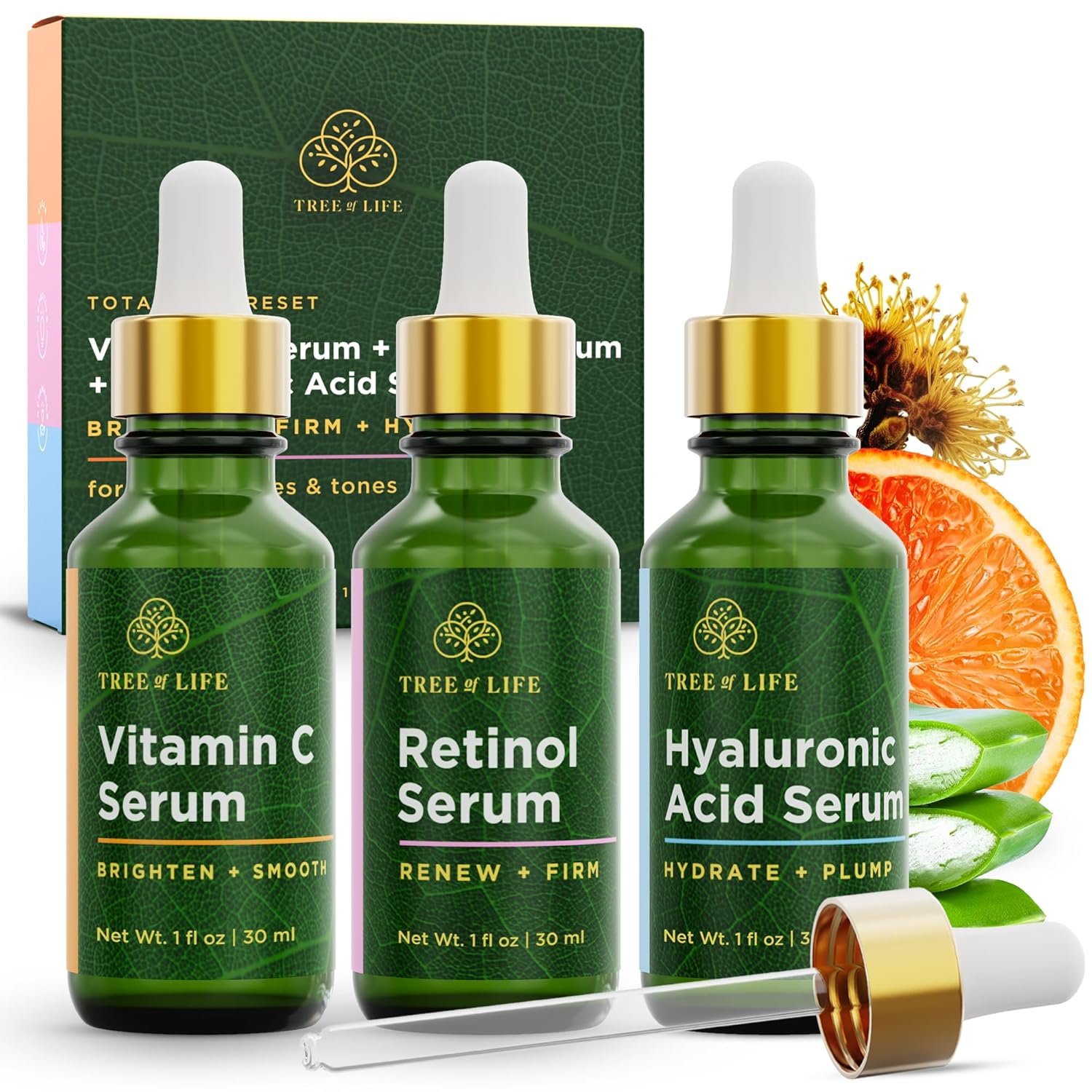 Tree of Life Face Serum Set – Vitamin C, Retinol & Hyaluronic Acid for Brightening, Firming & Hydrating – Anti Aging Skin Care Set – Dermatologist Tested – 1 Fl Oz (Pack of 3)
