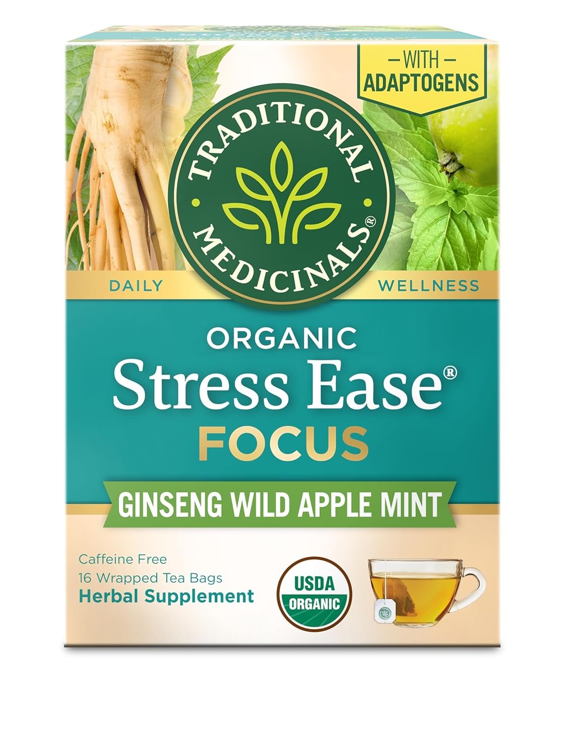 Traditional Medicinals Organic, Stress Ease Focus, Ginseng Wild Apple Mint Tea – Balanced Energy Support & Adaptogens – Kosher, Non-GMO, Caffeine-Free, Compostable – 16 Tea Bags