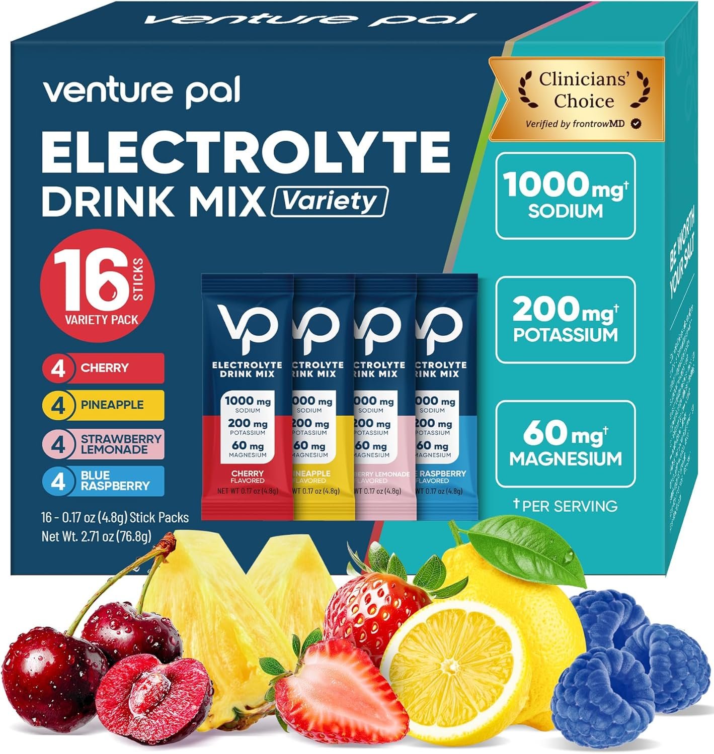 Venture Pal High Sodium Sugar Free Electrolytes Powder Packet, Zero Calories Hydration Packets with Vitamin, Sodium, Potassium & Magnesium, Electrolyte Drink Mix, Vegan, Keto Friendly, 16 Count