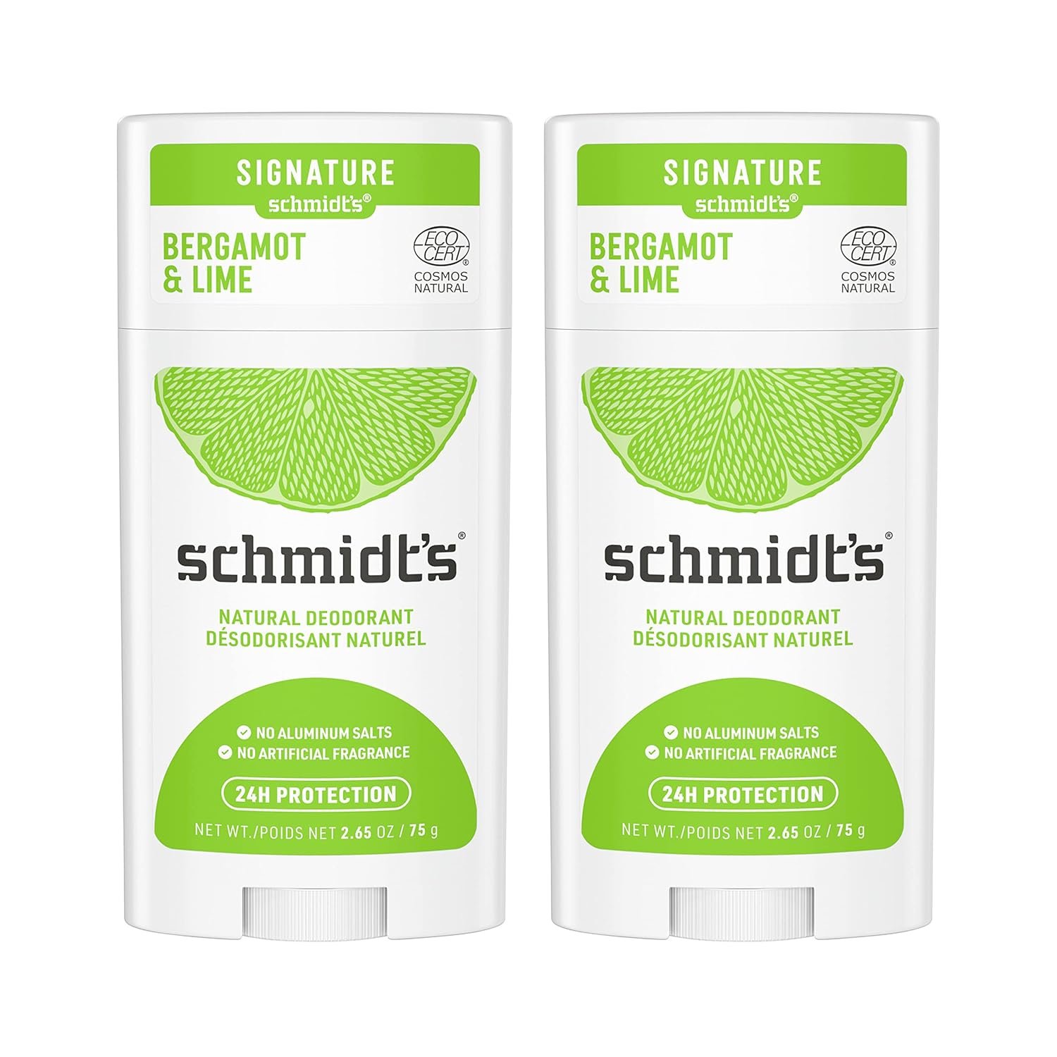 Schmidt’s Aluminum Free Natural Deodorant Bergamot & Lime 2 count For Women and Men, with 24 Hour Odor Protection, Certified Cruelty Free, Vegan Deodorant, 2.65 oz