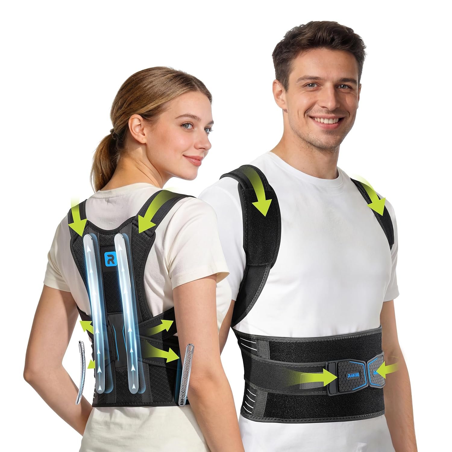 Rakiie Posture Corrector for Women Men, 4 Back Support Brace Bars, Adjustable Shoulder Straightener with Cushioned Pads for Hunchback, Round Shoulders, Back Pain Relief, Blue M