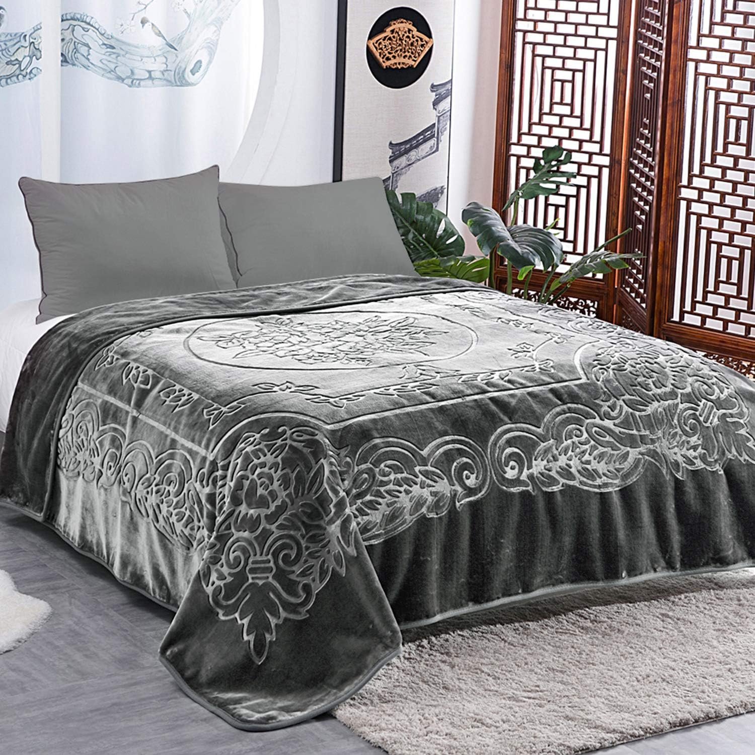 JML Heavy Korean Mink Blanket King Size 85x95Inches 9Lbs, Soft and Warm, Thick Raschel Printed Blanket for Autumn, Winter, Bed, Home, Gifts(Grey)