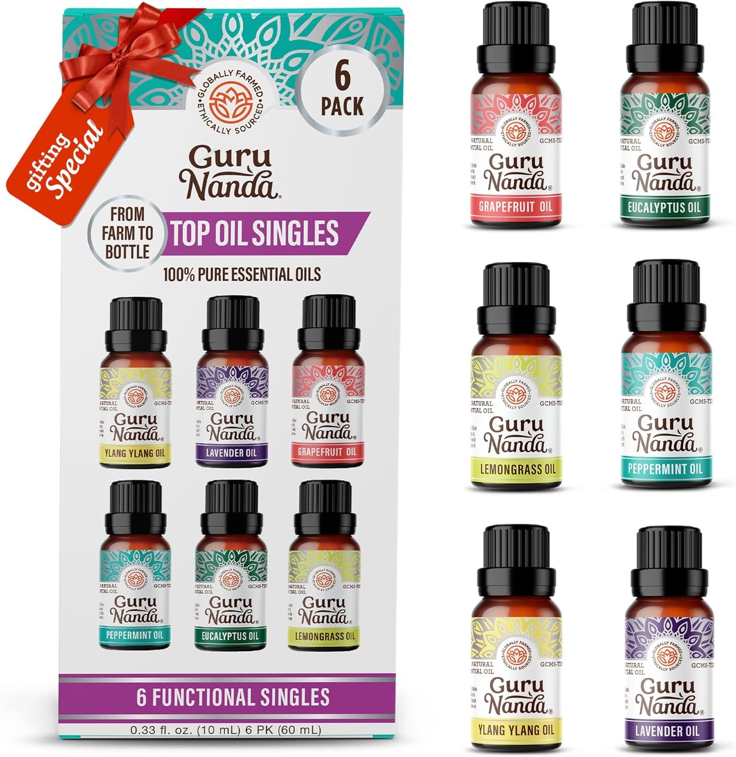 GuruNanda Essential Oils Set – 6 Pack (10mL Each), Lavender, Peppermint, Eucalyptus, Lemongrass, Grapefruit & Ylang Ylang, 100% Natural Aromatherapy Oils for Diffuser, Massage & DIY Candle Making