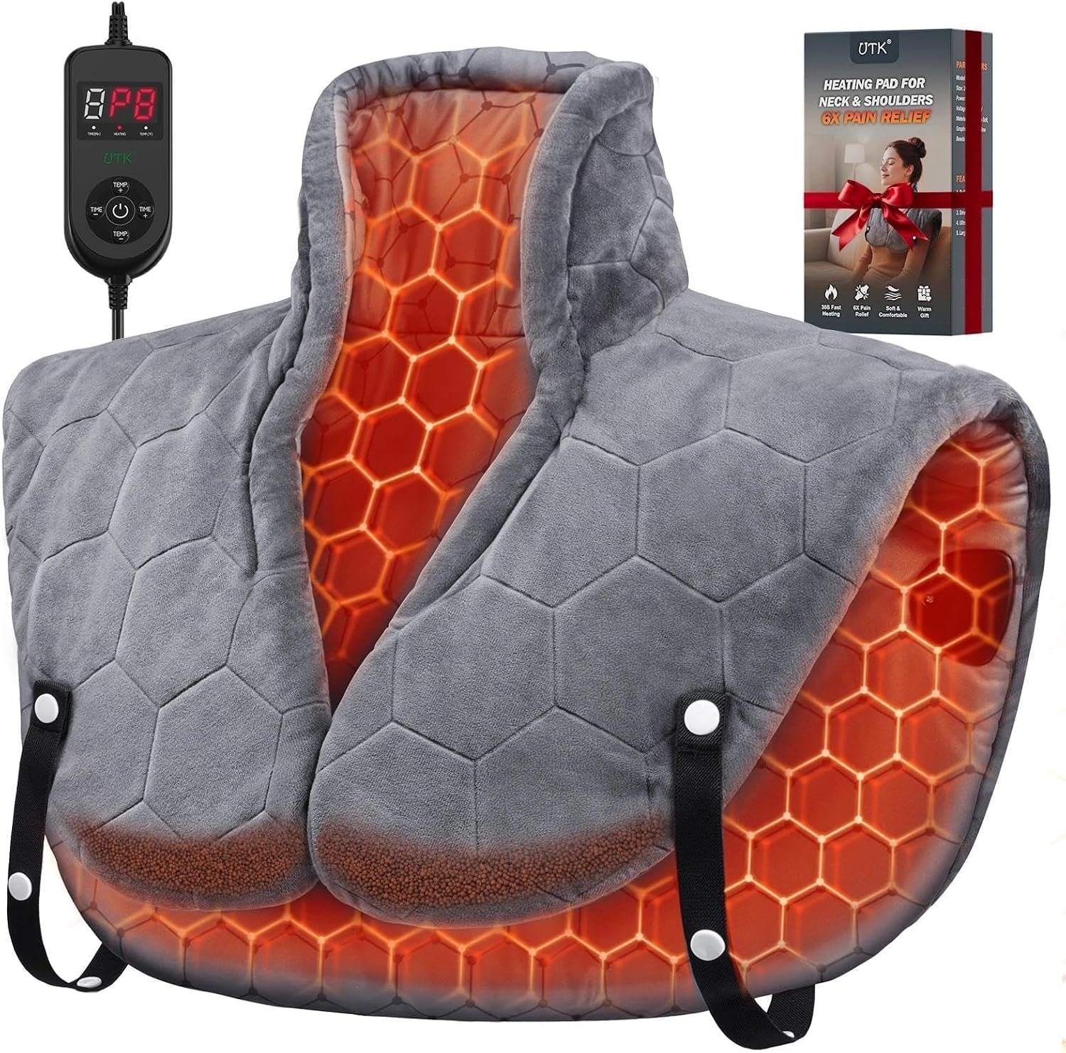 UTK 30S Fast Heating Pad for Neck and Shoulder, 6X Deeper Far Infrared Therapy, 24″X20″ Extra Large for Neck, Shoulder and Back Pain Relief, Auto-Off and Memory Function, Gifts for Women Men Parents