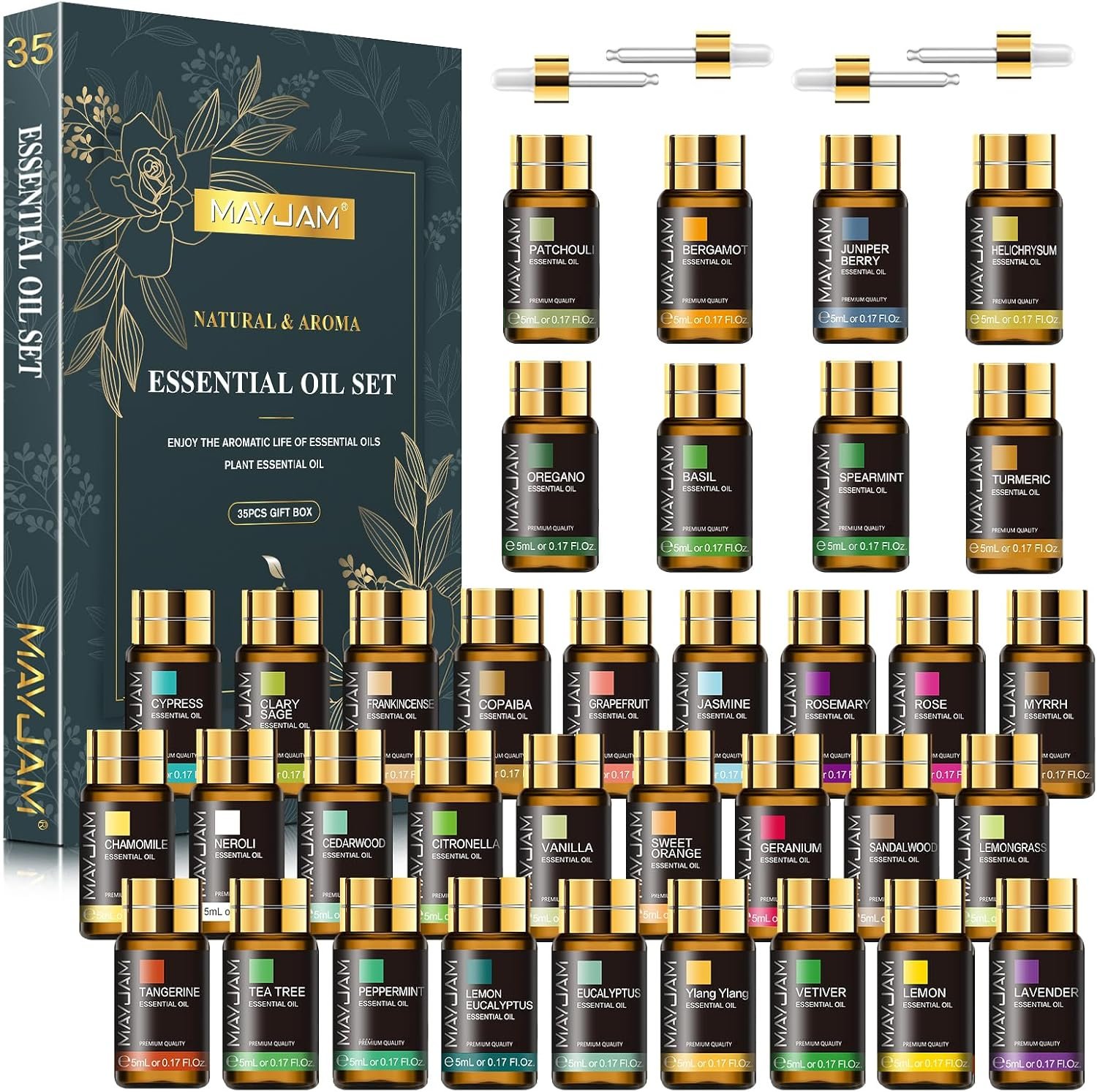 MAYJAM 35x5ML Essential Oil Gift Set, Pure Essential Oils for Diffusers Massage, Fragrance Oil Scented Oil for DIY Soap Candle Making