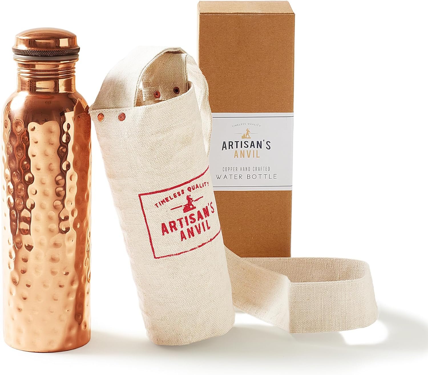 Artisan’s Anvil Copper Water Bottle – 32oz – Versatile and Travel-Friendly Pure Copper Water Bottle – Ayurvedic Copper Drinking Bottle for Women and Men – Wide Mouth Design – Carrying Canvas Bag