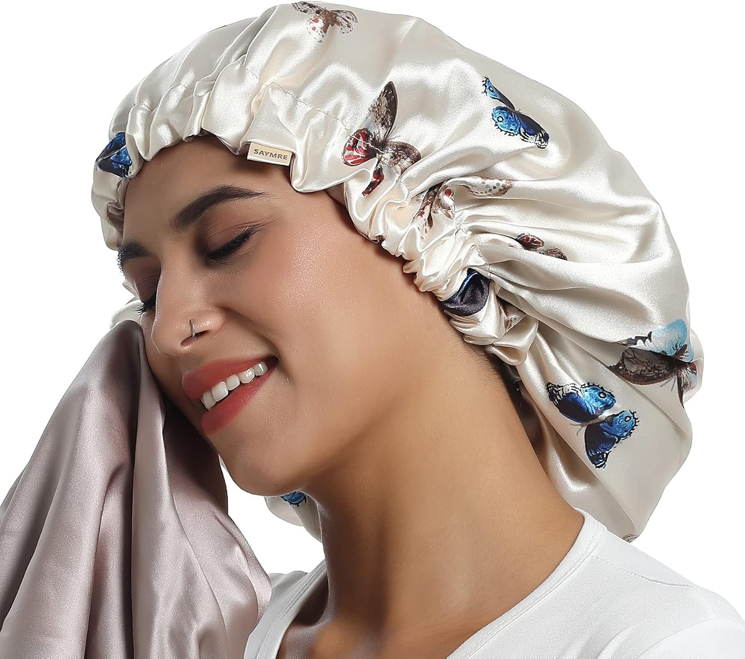 100% Mulberry Silk Lined Bonnet Adjustable Satin Sleep Cap 16 Momme Silk Bonnet for Women Curly,Long Hair Care