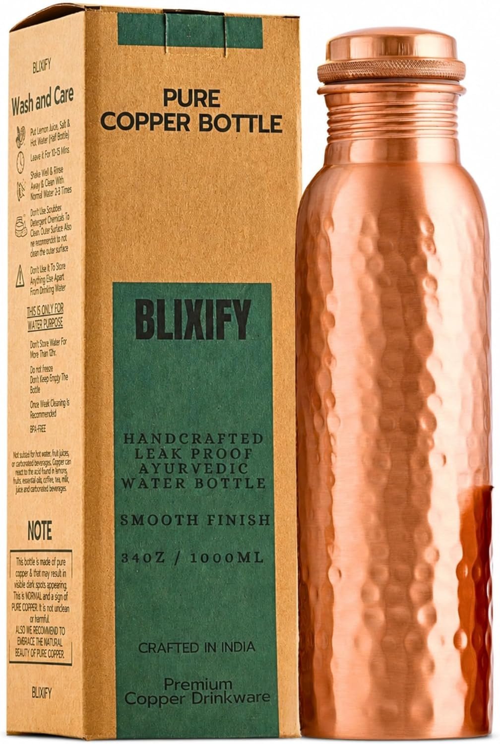Copper Water Bottle 34oz – 100% Pure Ayurvedic Handcrafted Design – Eco-friendly Premium Quality – Bpa-free Heavy Duty Leak-proof & Lab-tested – Health Benefits for Daily Use, Sports, Travel & Gifting