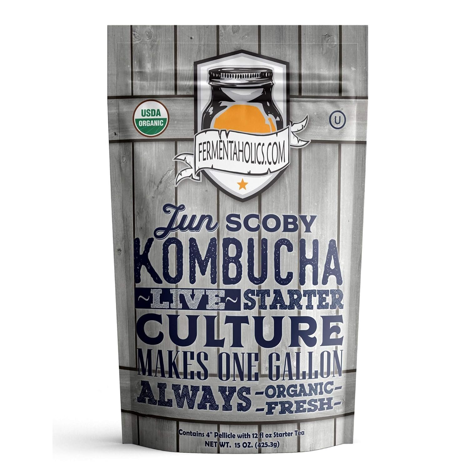Fermentaholics Jun Kombucha Starter Culture – 12 fl oz – Includes USDA Certified Organic Jun SCOBY + Starter Tea – For Brewing with Green Tea & Honey – Makes 1 Gallon