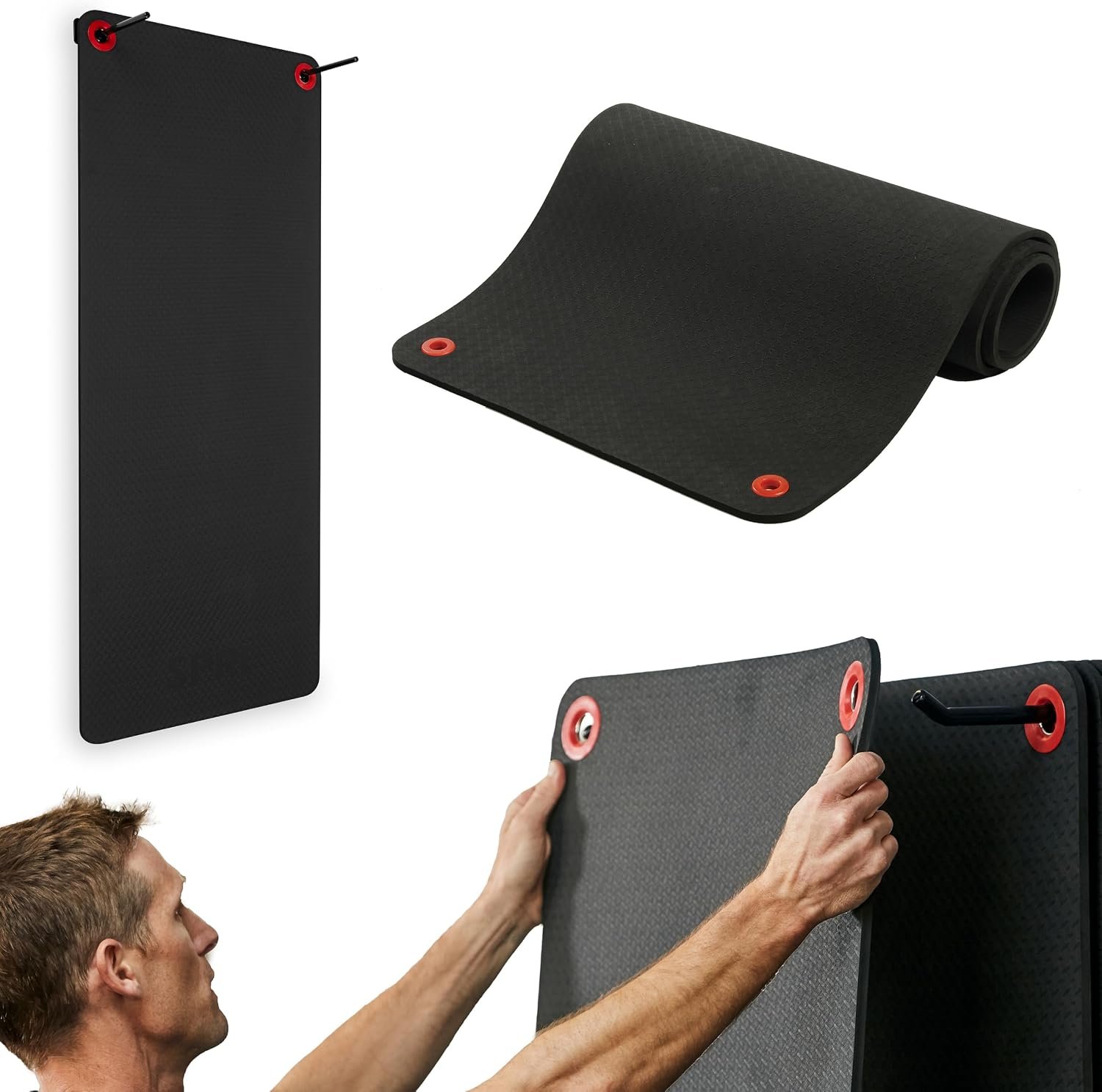 SPRI Hanging Exercise Mats for Gyms, Closed-Cell Foam Yoga & Fitness Mats with Grommets, Thick Workout Mats for Studios & Group Fitness Classes, Wall Rack Mat Holder Storage, Black