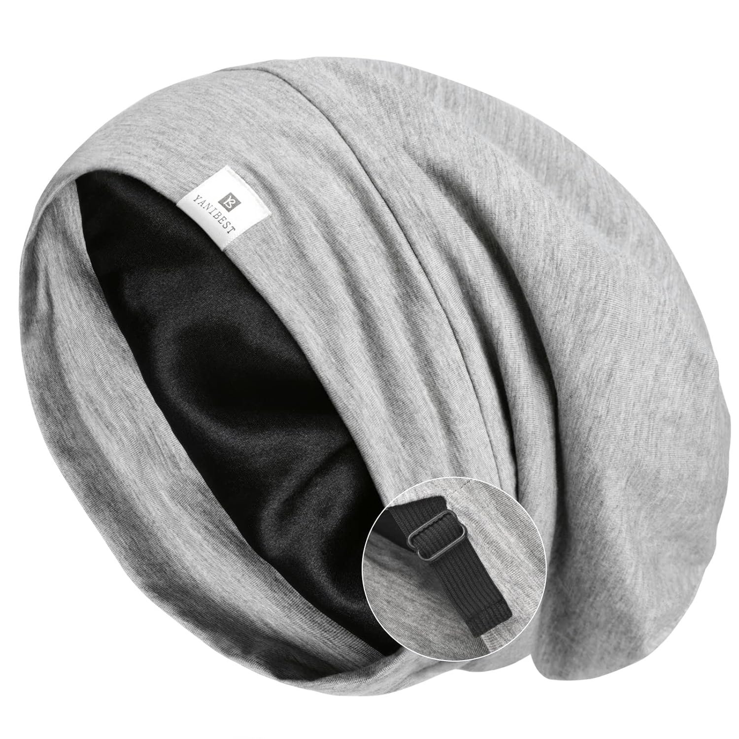 YANIBEST Silk Satin Bonnet Hair Wrap for Sleeping, Adjustable Slouchy Beanie for Women, Silk Lined for Curly Hair and Braids, Light Grey