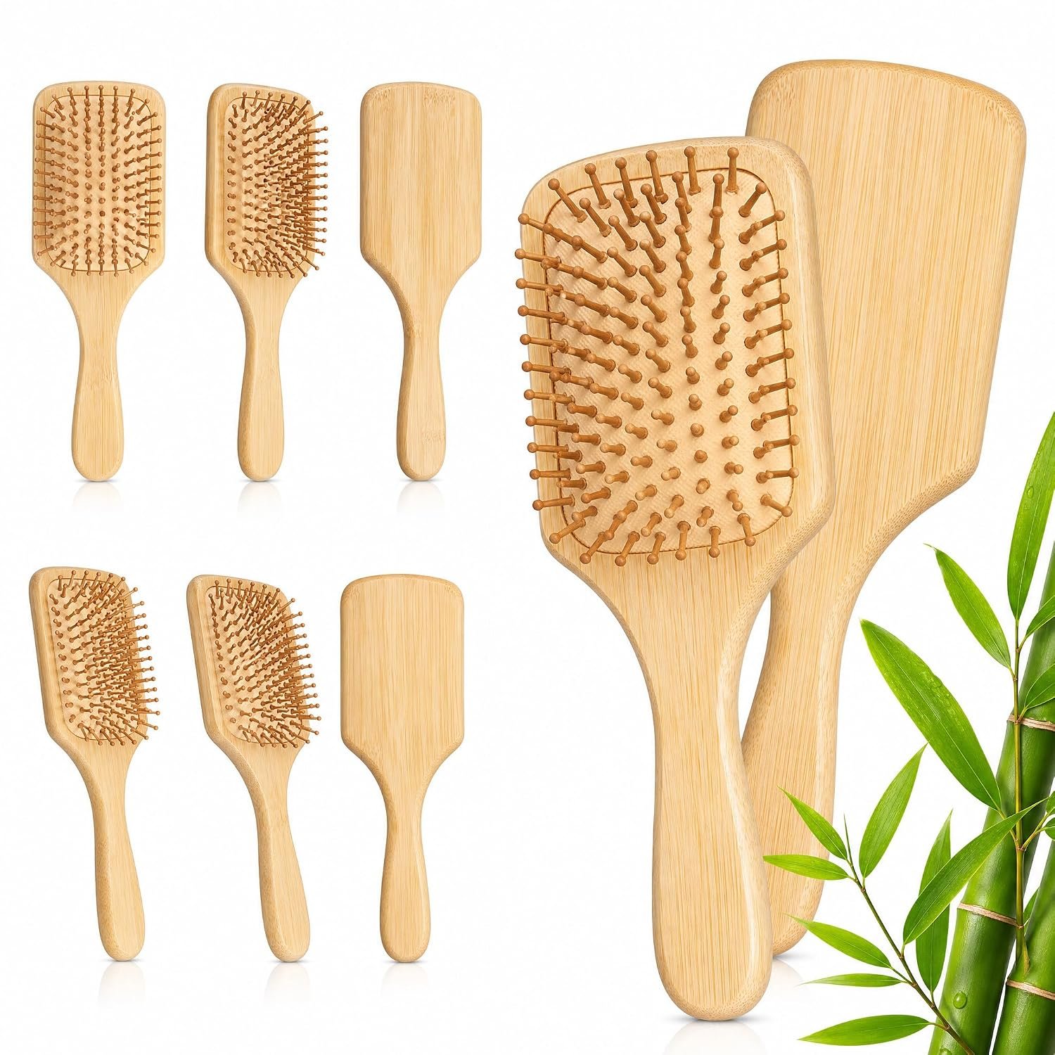 6PCS Bamboo Hair Brush Bulk Wooden Paddle Brush With Round-tipped Natural Bamboo Bristles Blank Detangling Hairbrush for Women Men Scalp Massage Anti Static Hair Growth Hairbrush Engraving DIY Gifts