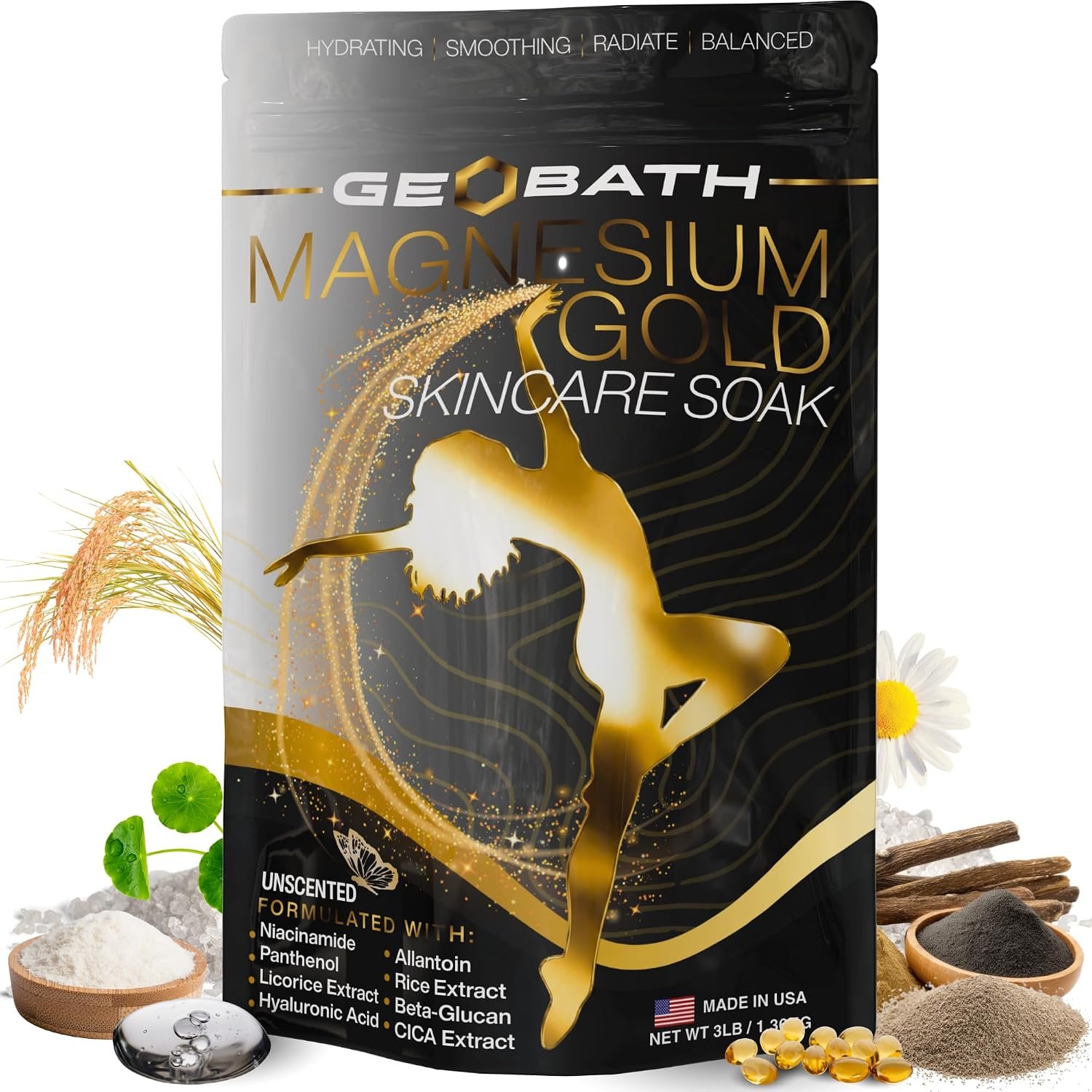 Magnesium Skincare Bath Soak | Magnesium Epsom Salt & Dead Sea Minerals | Hyaluronic Acid, Niacinamide, Rice Extract & More | Stress Relief & Full Body Glow | Magnesium Gold by Geobath