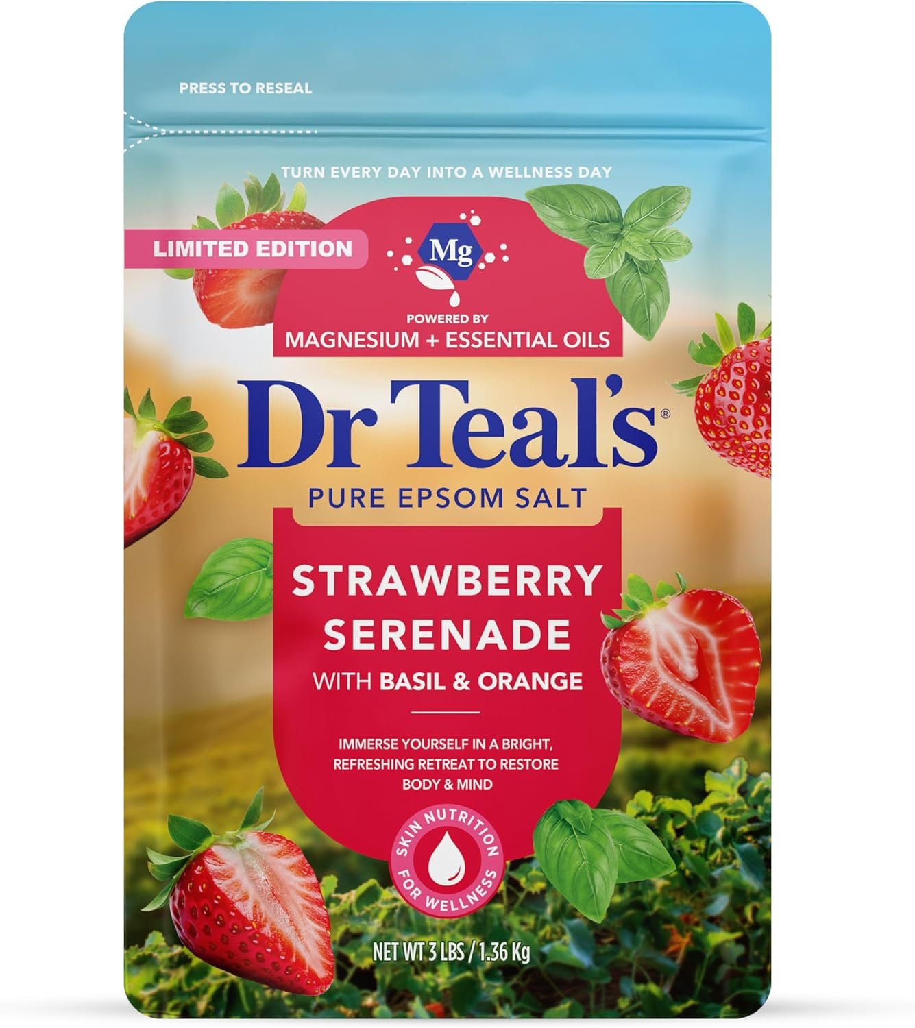 Dr Teal’s Epsom Salt Magnesium Soak, Strawberry Serenade with Basil & Orange, 3 lbs